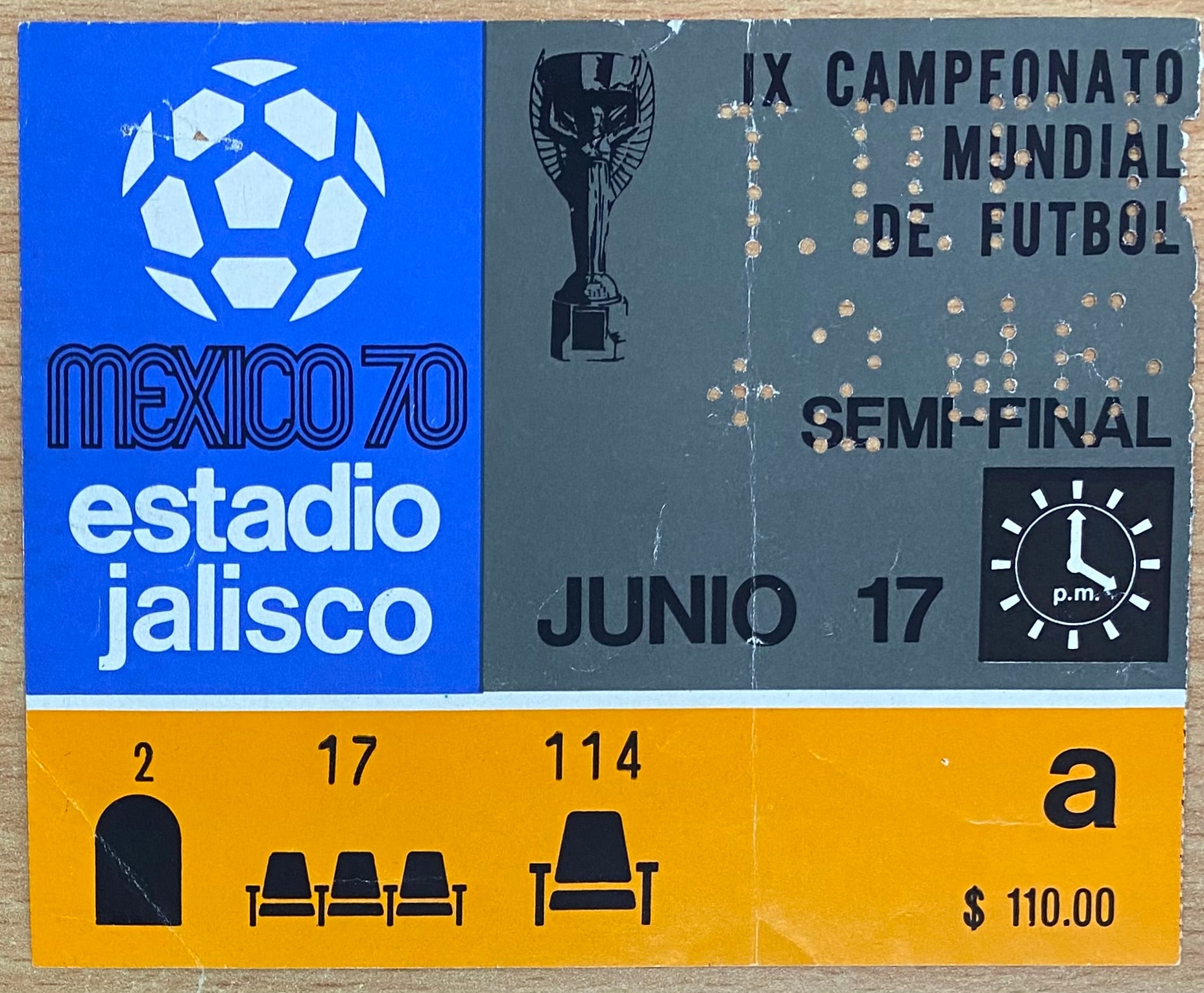 1970 ORIGINAL WORLD CUP SEMI FINAL TICKET BRAZIL V URUGUAY @ GUADALAJARA
