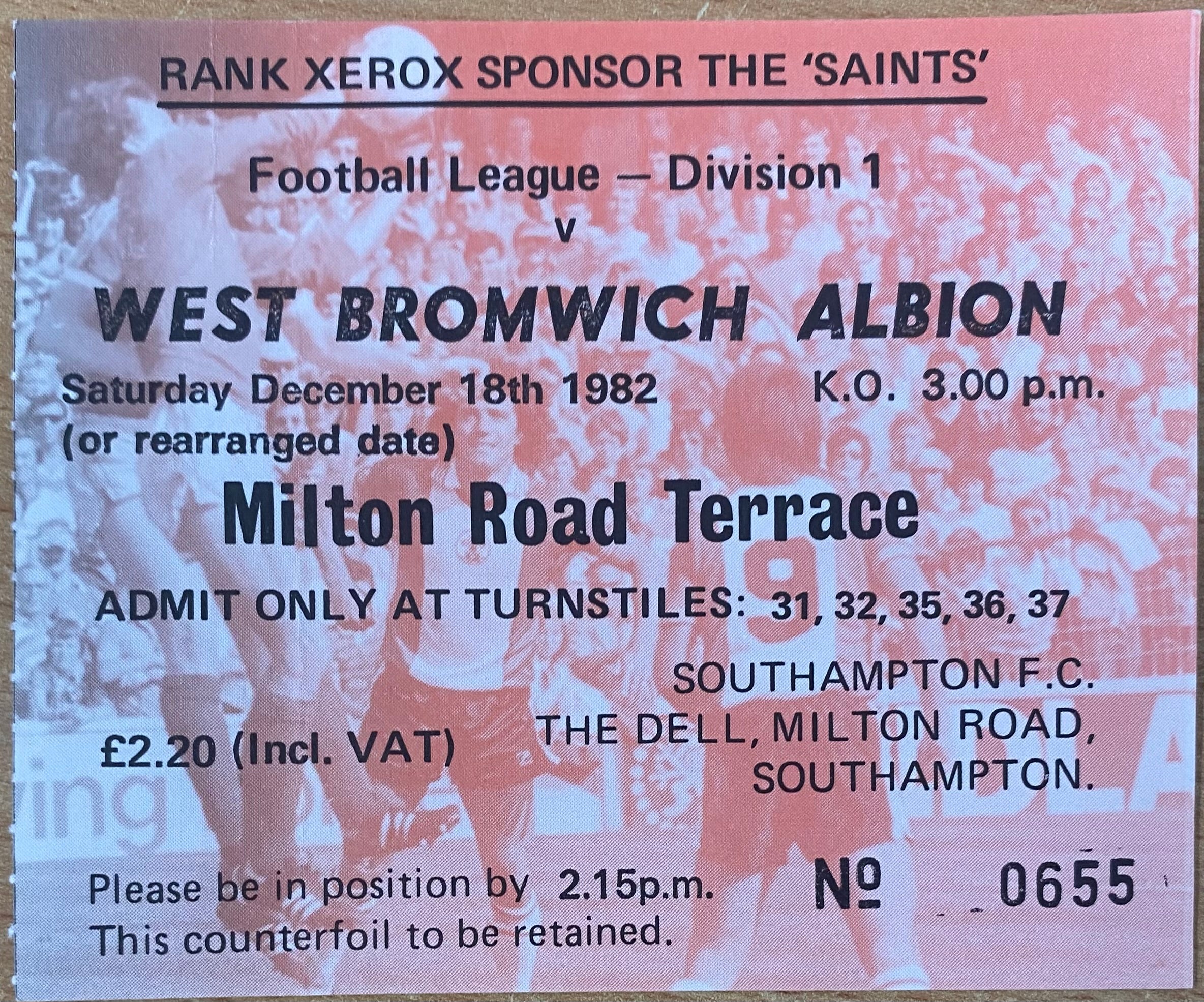 1982/83 ORIGINAL DIVISION ONE TICKET SOUTHAMPTON V WEST BROMWICH ALBION