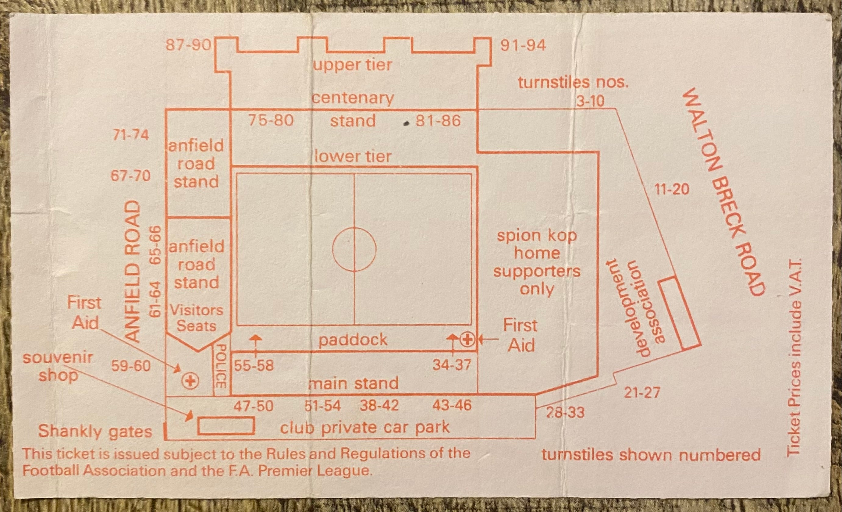 1992/93 ORIGINAL PREMIER LEAGUE TICKET LIVERPOOL V ASTON VILLA