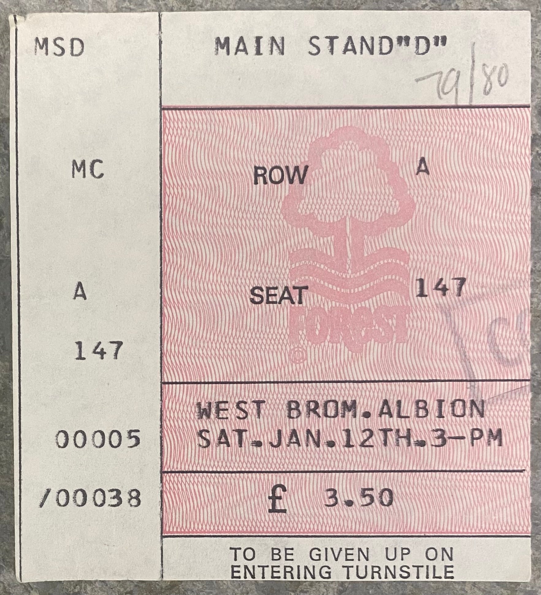 1979/80 ORIGINAL DIVISION 1 TICKET NOTTINGHAM FOREST V WEST BROMWICH ALBION