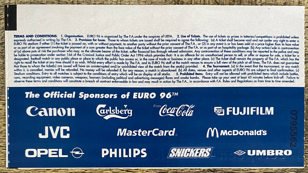 1996 ORIGINAL EUROPEAN CHAMPIONSHIPS EURO 96 TICKET ENGLAND V NETHERLANDS @ WEMBLEY