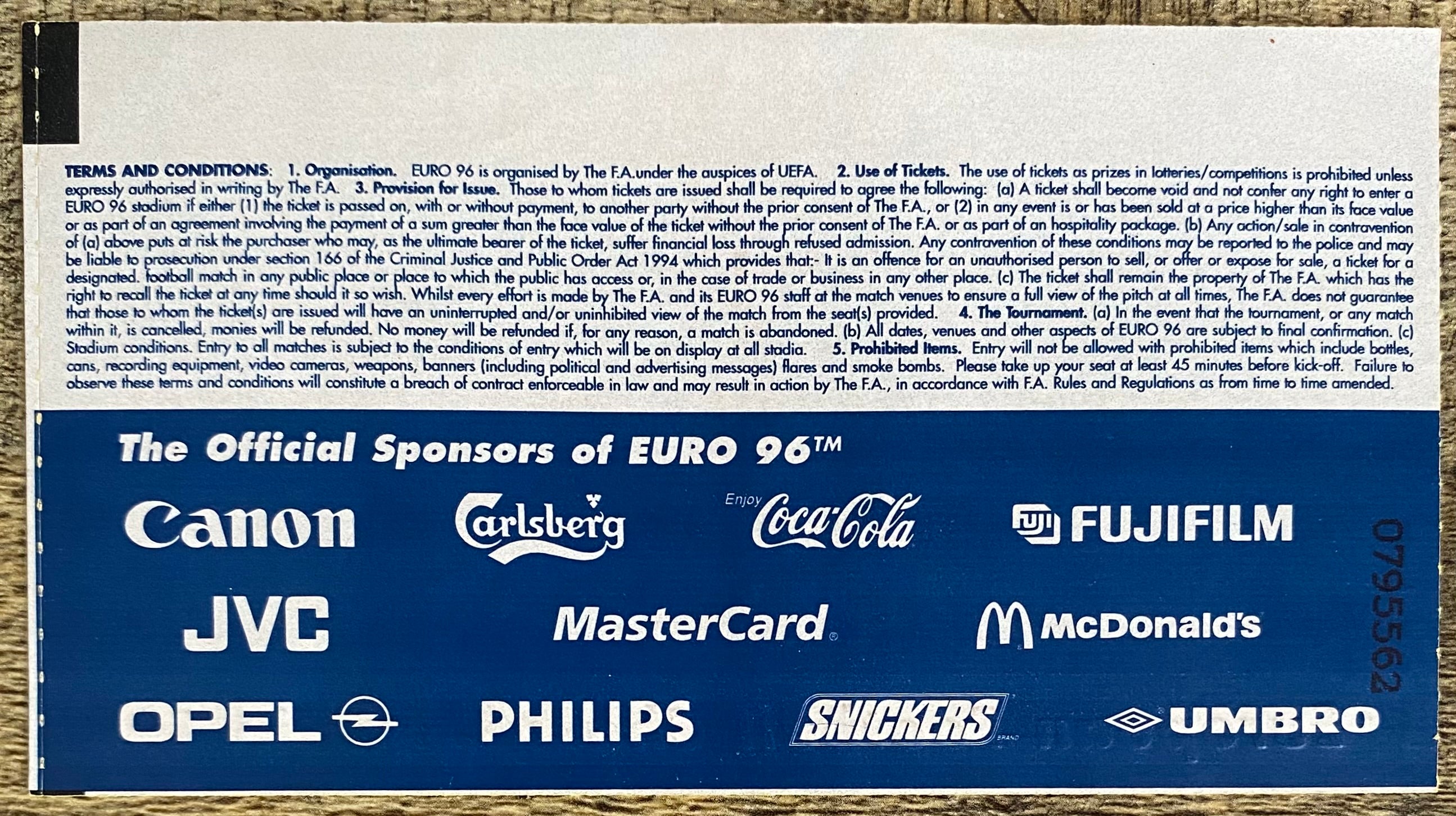 1996 ORIGINAL EUROPEAN CHAMPIONSHIPS EURO 96 TICKET ENGLAND V NETHERLANDS @ WEMBLEY