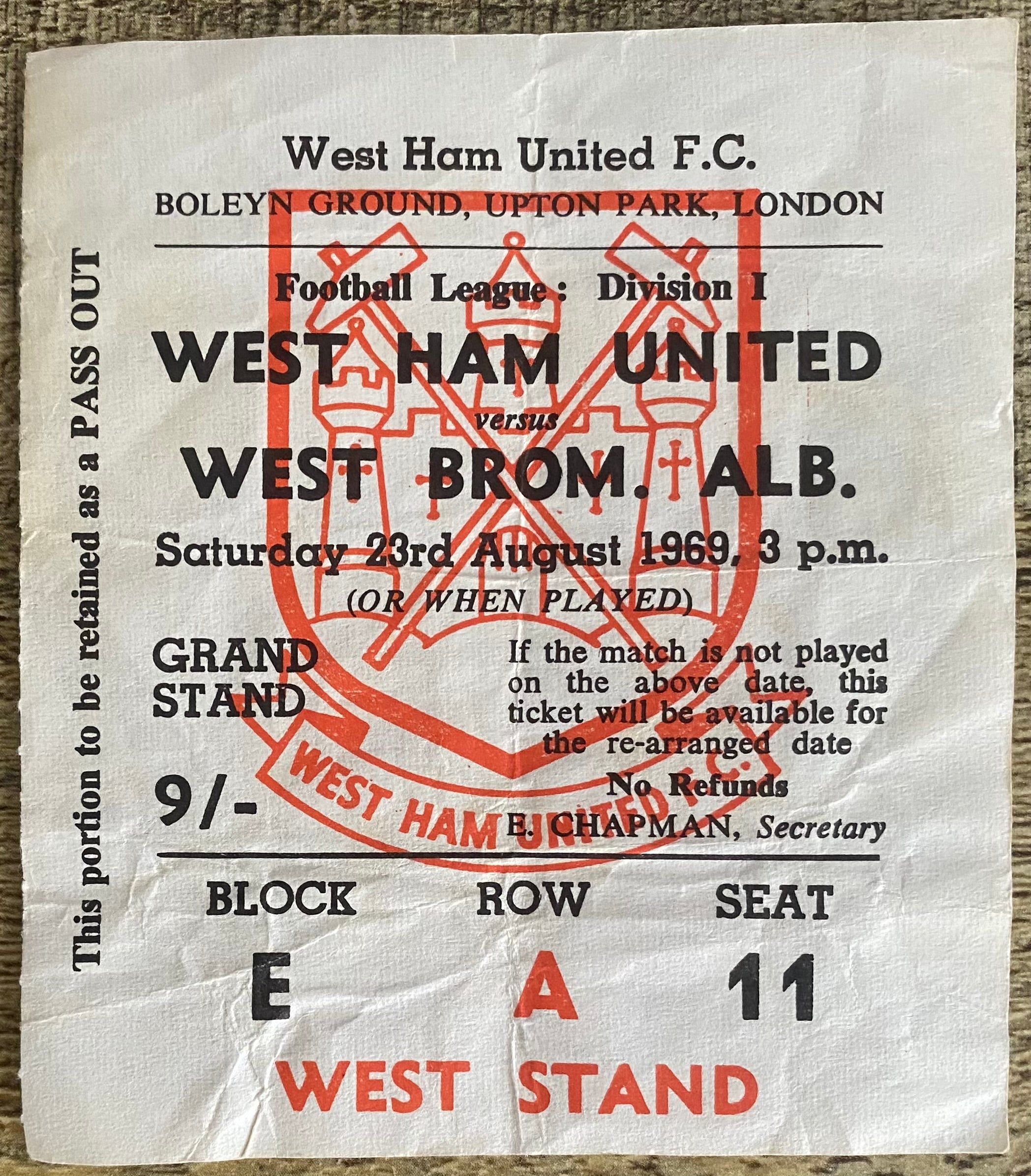 1969/70 ORIGINAL DIVISION 1 TICKET WEST HAM UNITED V WEST BROMWICH ALBION