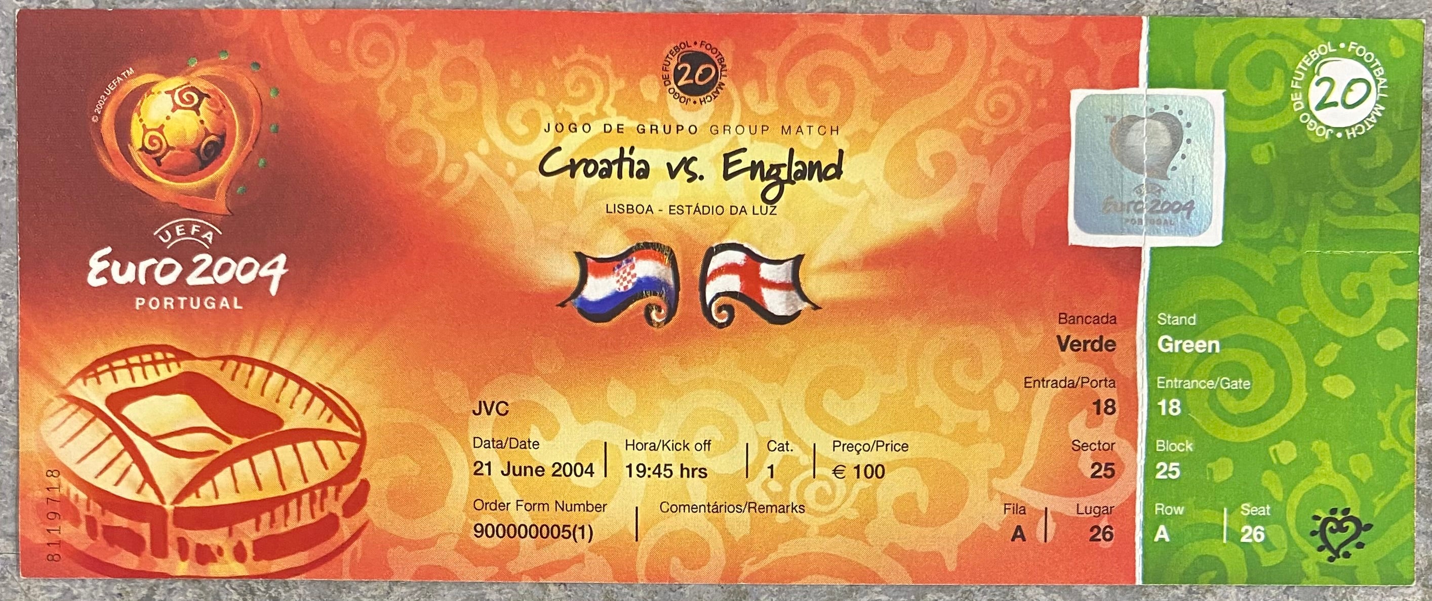 2004 ORIGINAL EUROPEAN CHAMPIONSHIPS UNUSED TICKET ENGLAND V CROATIA @ LISBON