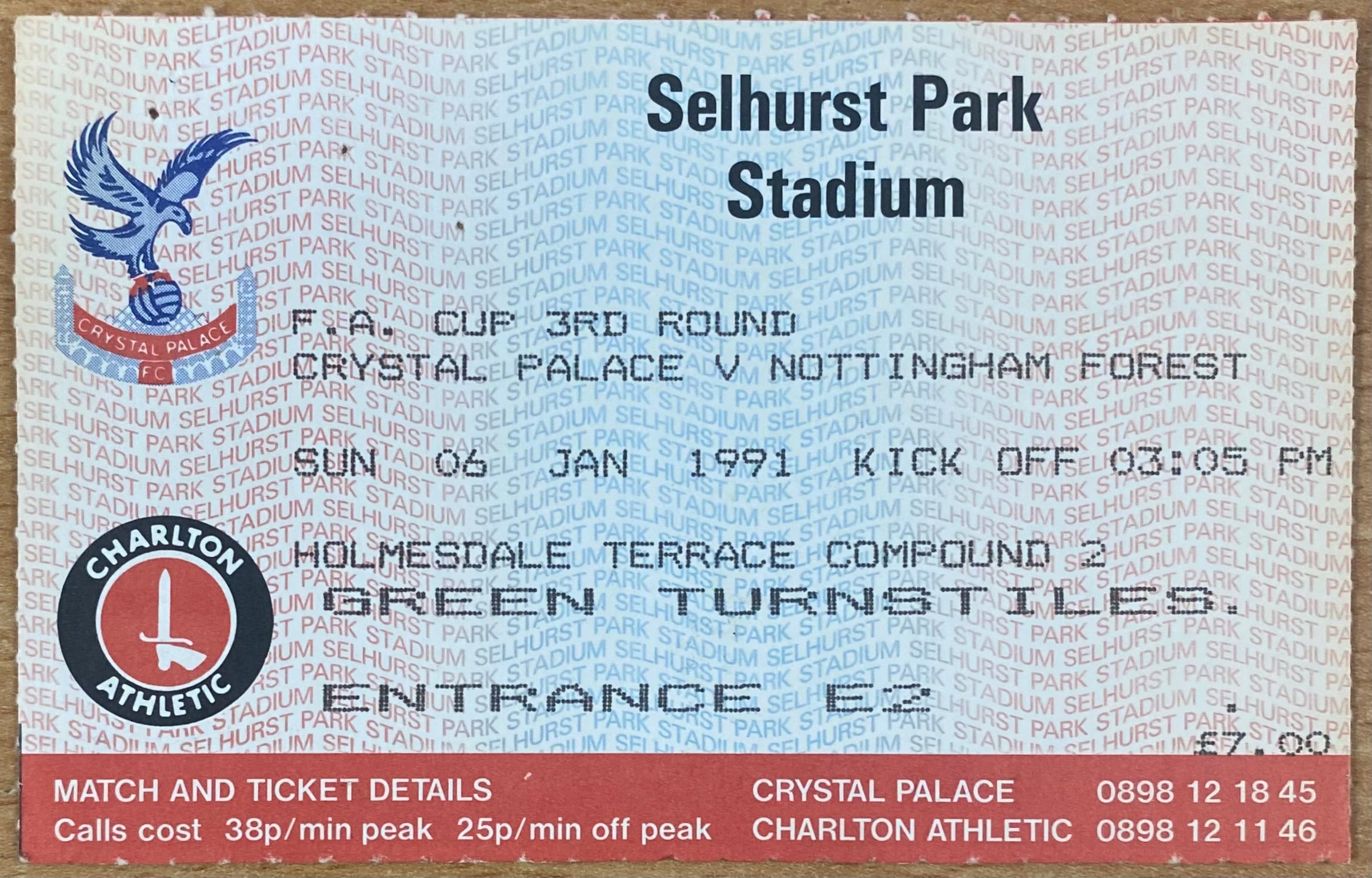 1990/91 ORIGINAL FA CUP 3RD ROUND TICKET CRYSTAL PALACE V NOTTINGHAM FOREST