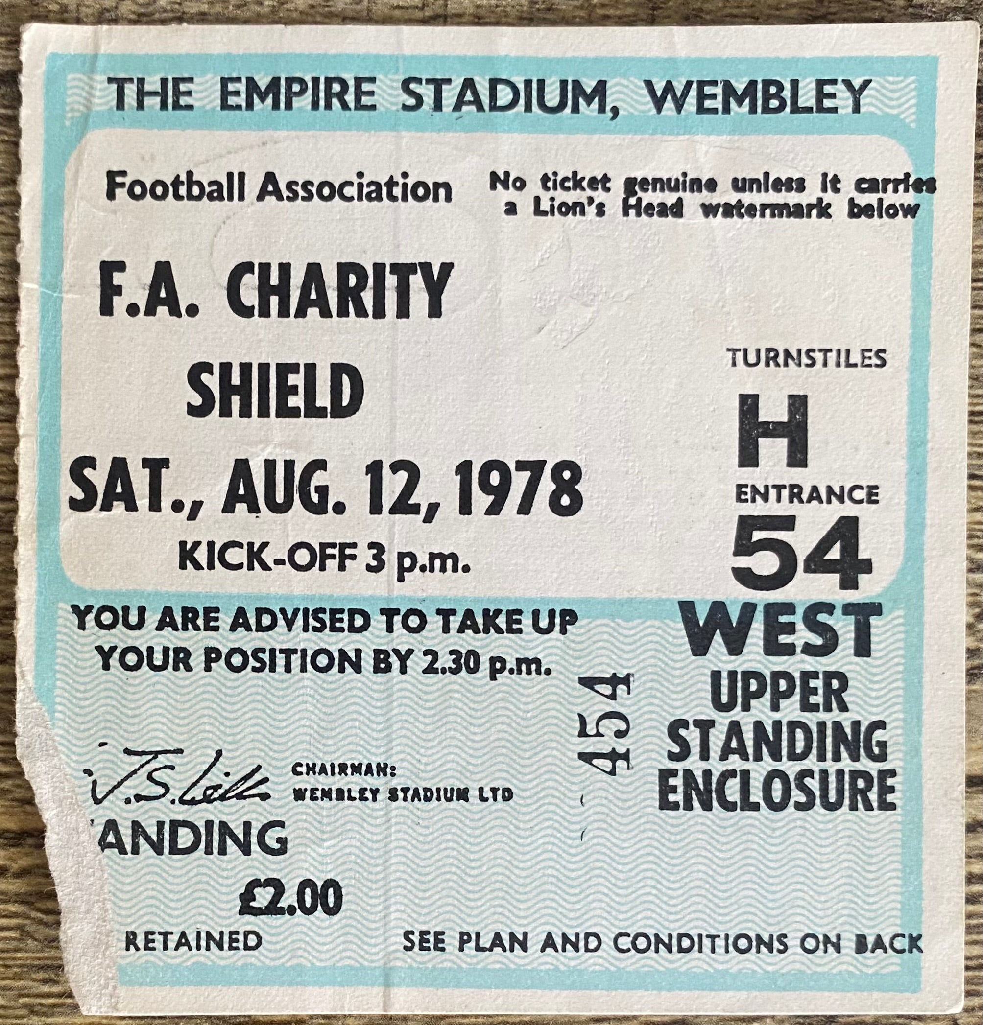 1978 ORIGINAL CHARITY SHIELD TICKET IPSWICH TOWN V NOTTINGHAM FOREST