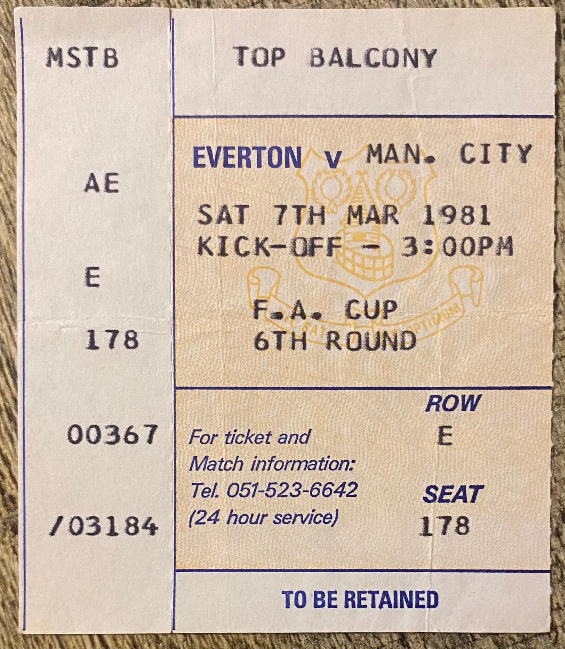 1980/81 ORIGINAL FA CUP 6TH ROUND TICKET EVERTON V MANCHESTER CITY