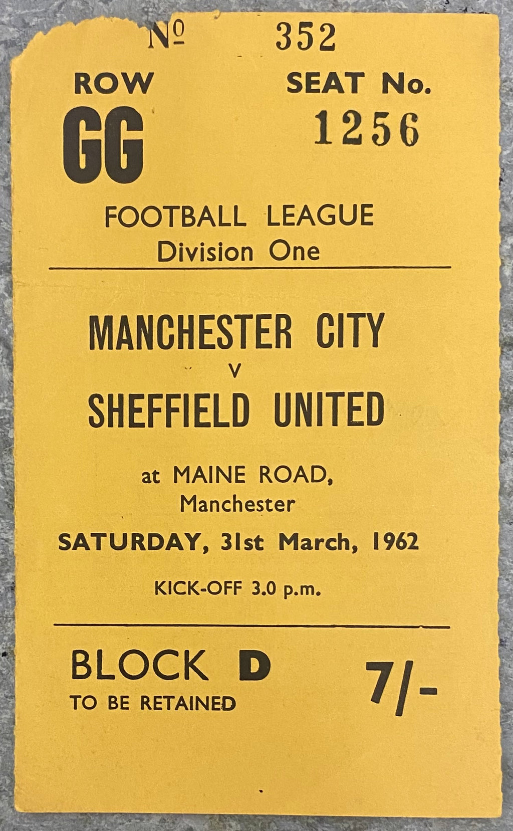 1961/62 ORIGINAL DIVISION 1 TICKET MANCHESTER CITY V SHEFFIELD UNITED