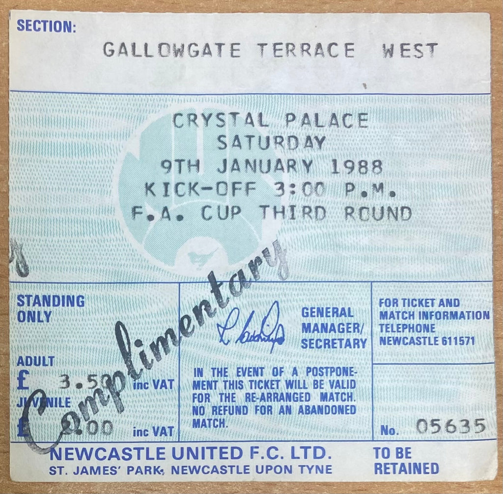 1987/88 ORIGINAL FA CUP 3RD ROUND TICKET NEWCASTLE UNITED V CRYSTAL PALACE