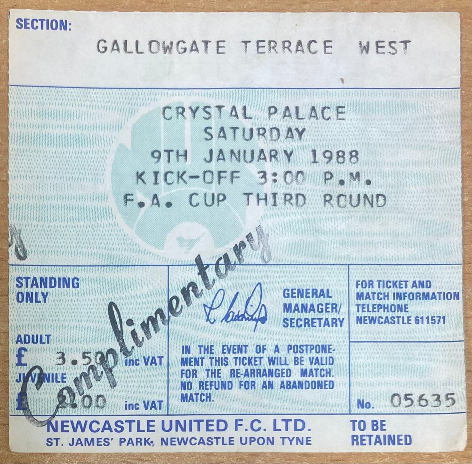 1987/88 ORIGINAL FA CUP 3RD ROUND TICKET NEWCASTLE UNITED V CRYSTAL PALACE