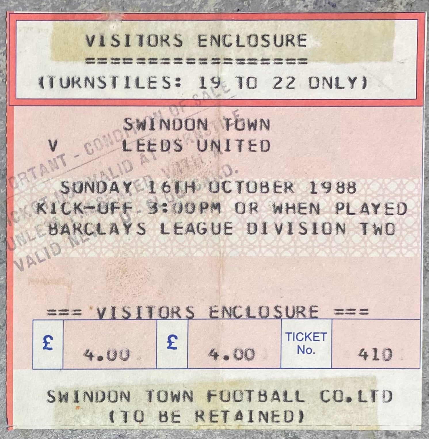 1988/89 ORIGINAL DIVISION TWO TICKET SWINDON TOWN V LEEDS UNITED