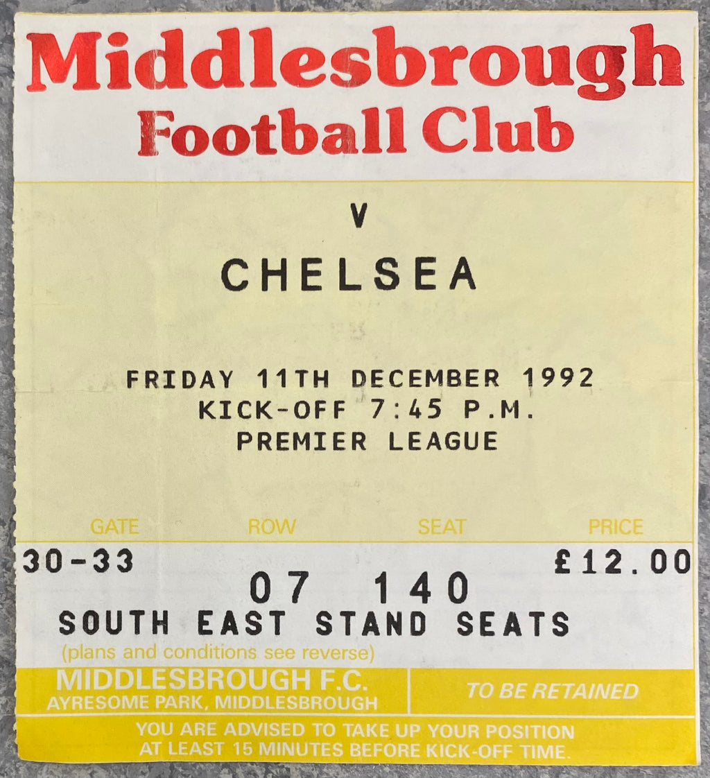 1992/93 ORIGINAL PREMIER LEAGUE TICKET MIDDLESBROUGH V CHELSEA