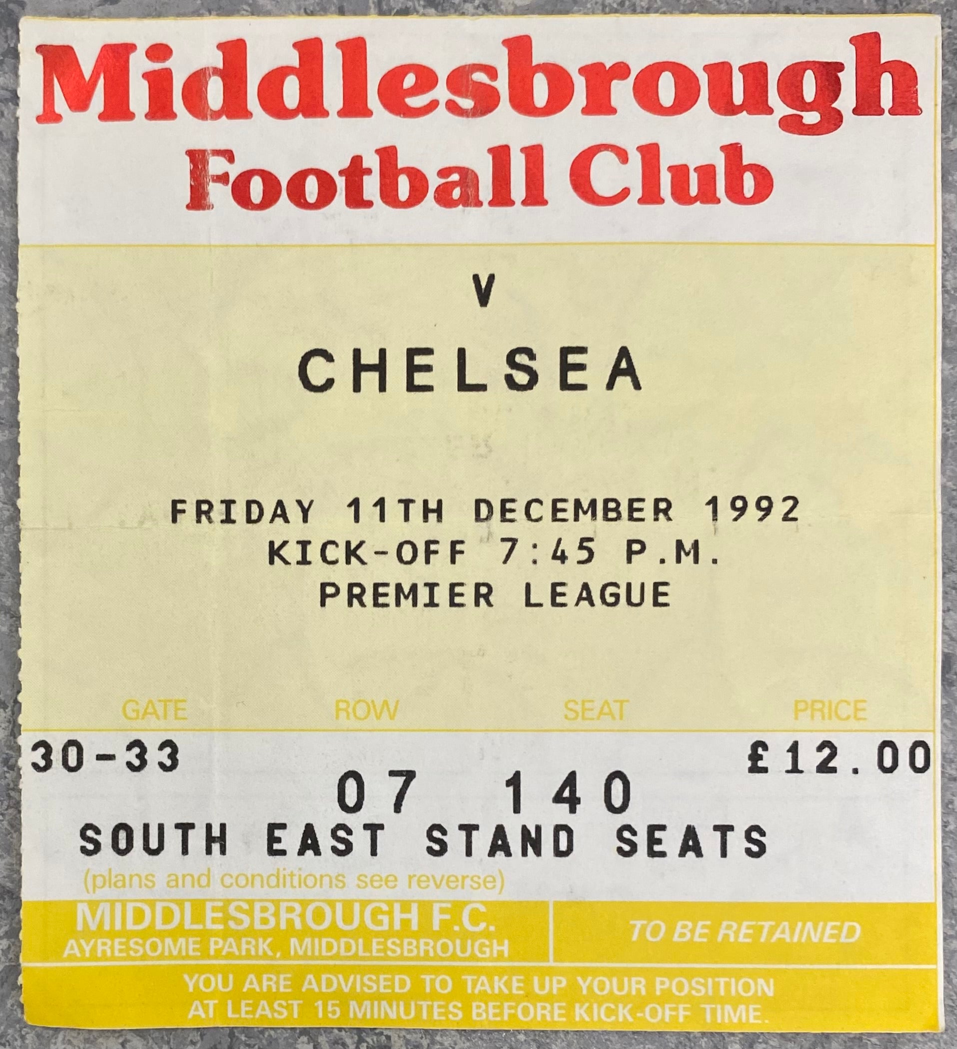 1992/93 ORIGINAL PREMIER LEAGUE TICKET MIDDLESBROUGH V CHELSEA