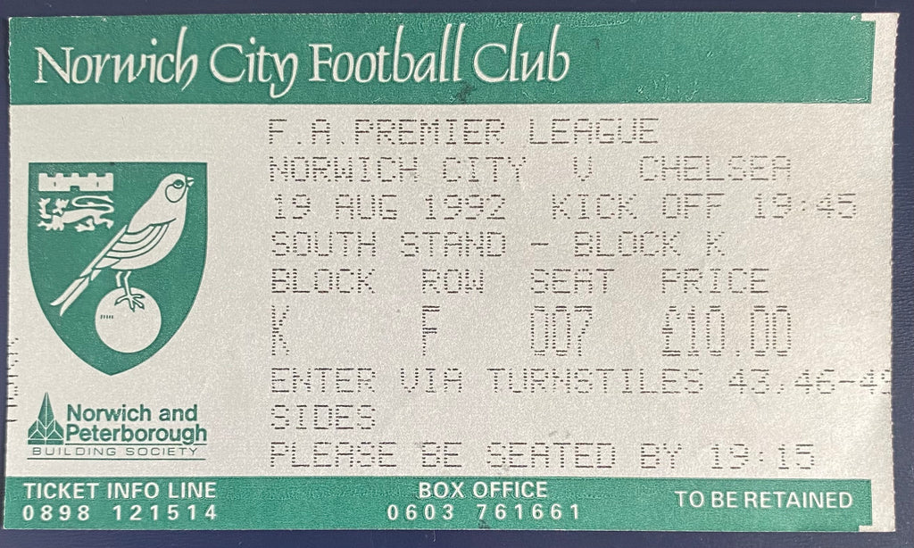 1992/93 ORIGINAL FA PREMIER LEAGUE TICKET NORWICH CITY V CHELSEA