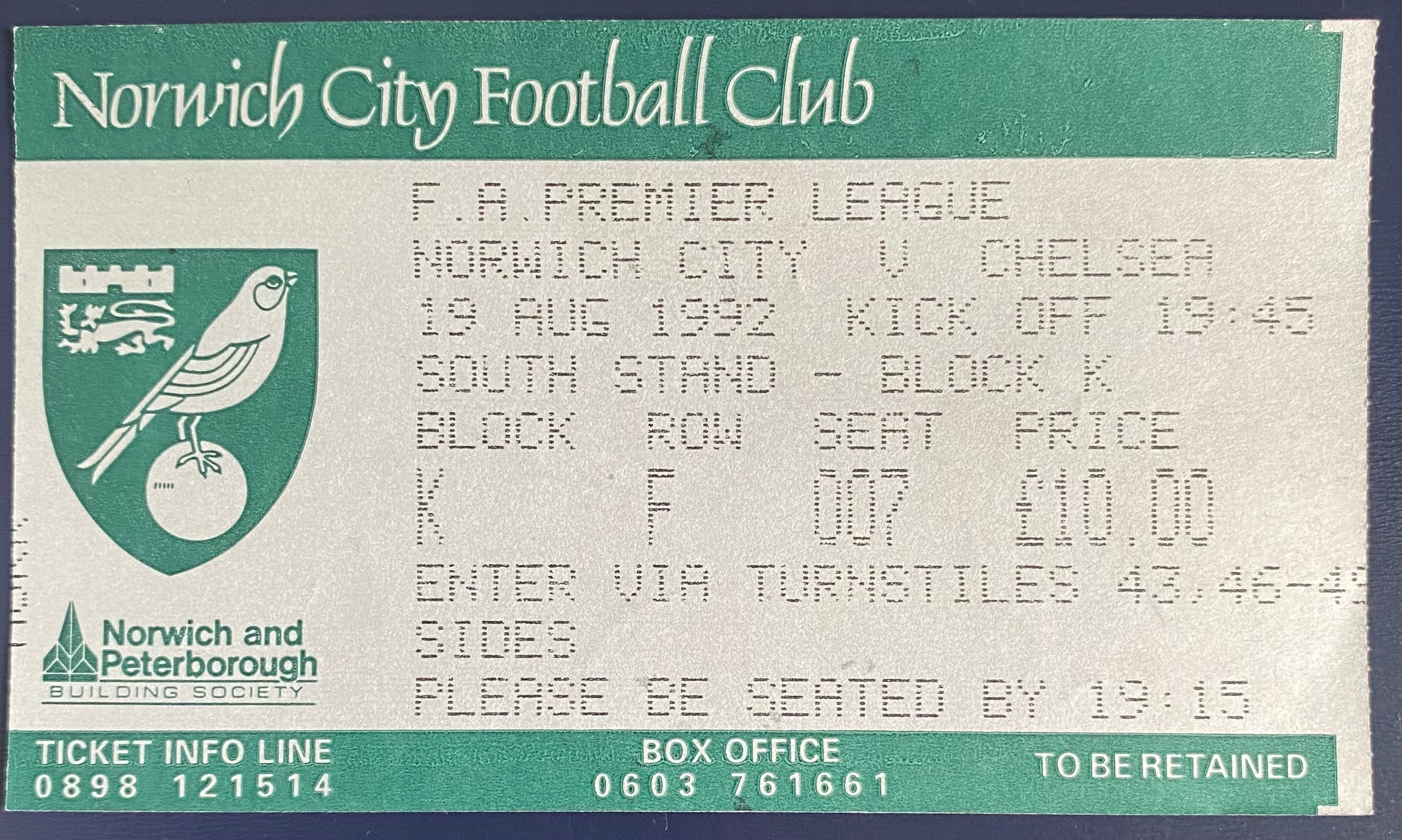1992/93 ORIGINAL FA PREMIER LEAGUE TICKET NORWICH CITY V CHELSEA