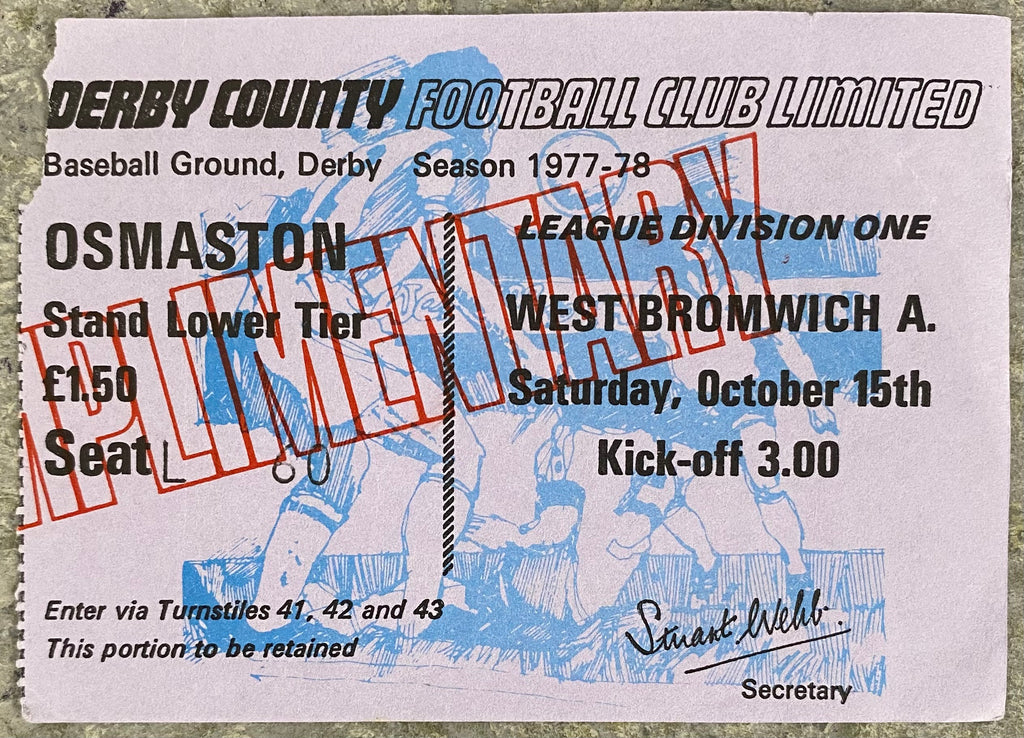 1977/78 ORIGINAL DIVISION 1 TICKET DERBY COUNTY V WEST BROMWICH ALBION