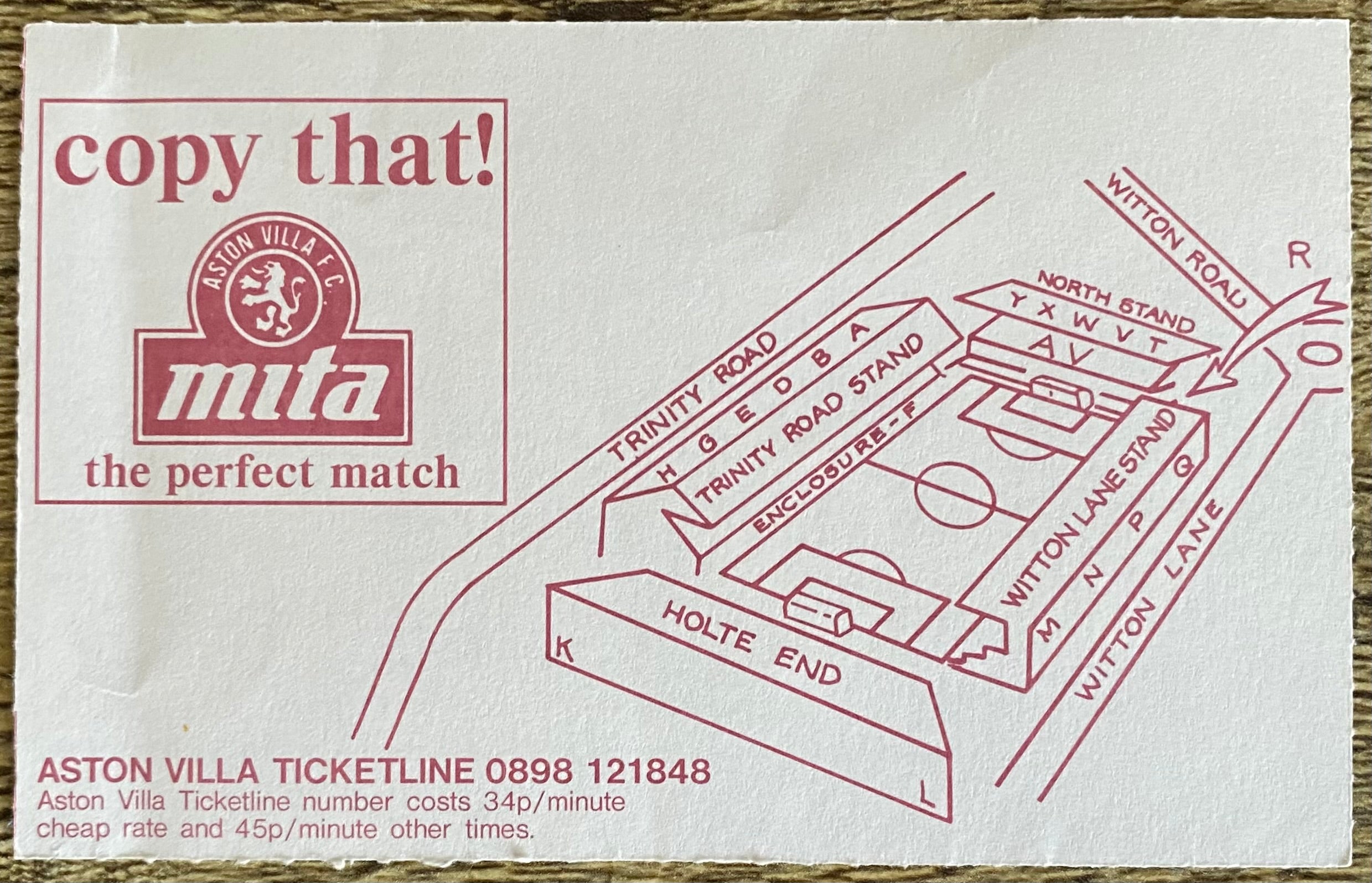 1992/93 ORIGINAL PREMIER LEAGUE TICKET ASTON VILLA V NOTTINGHAM FOREST