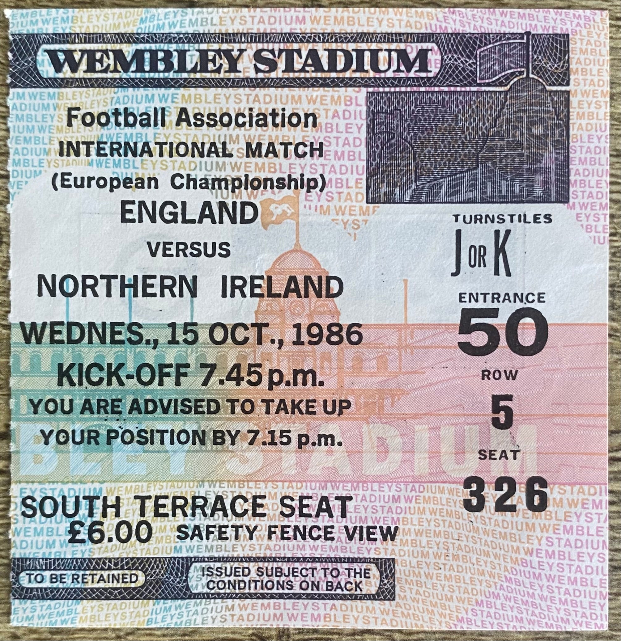 1986 ORIGINAL EUROPEAN CHAMPIONSHIPS QUALIFYING TICKET ENGLAND V NORTHERN IRELAND