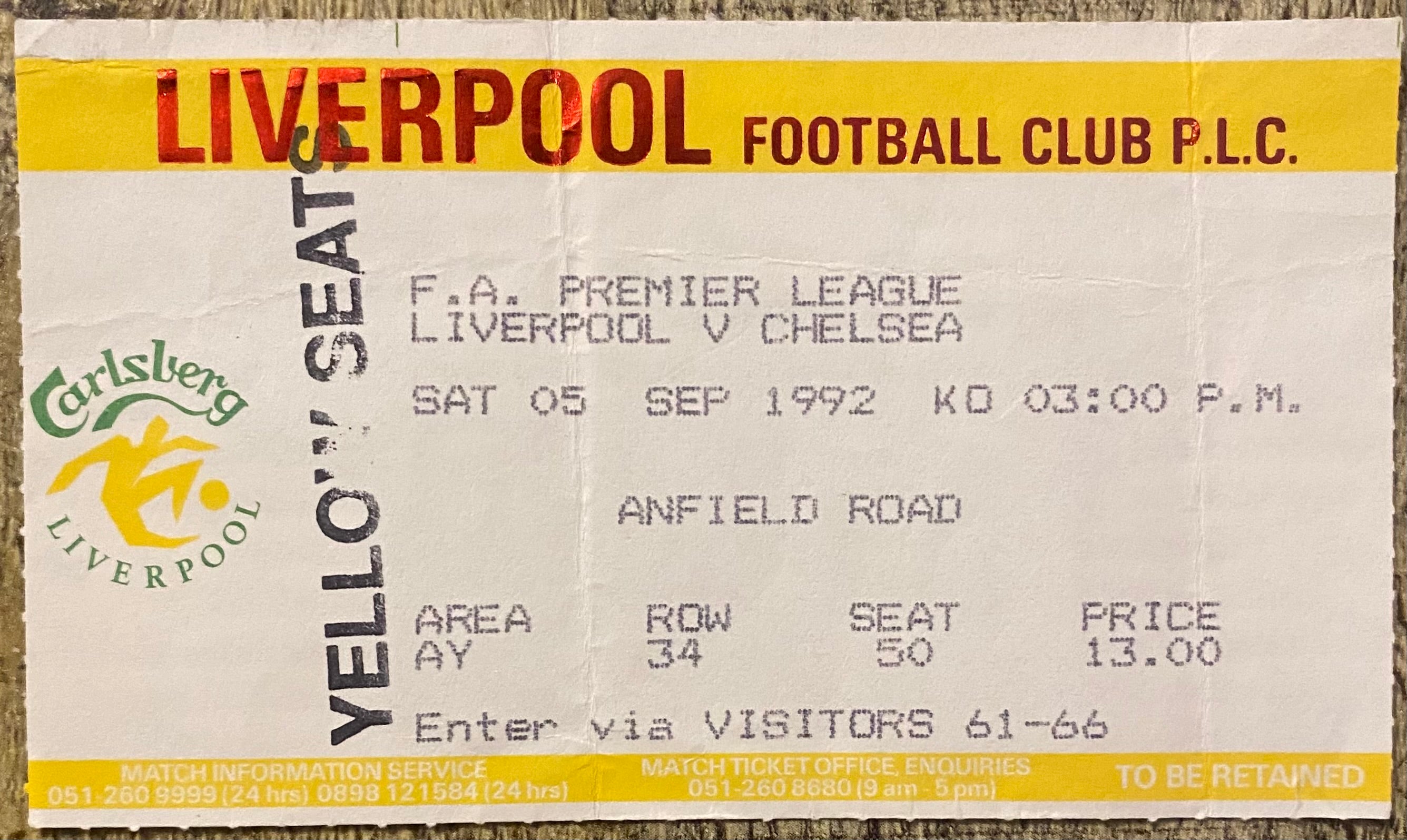 1992/93 ORIGINAL PREMIER LEAGUE TICKET LIVERPOOL V CHELSEA