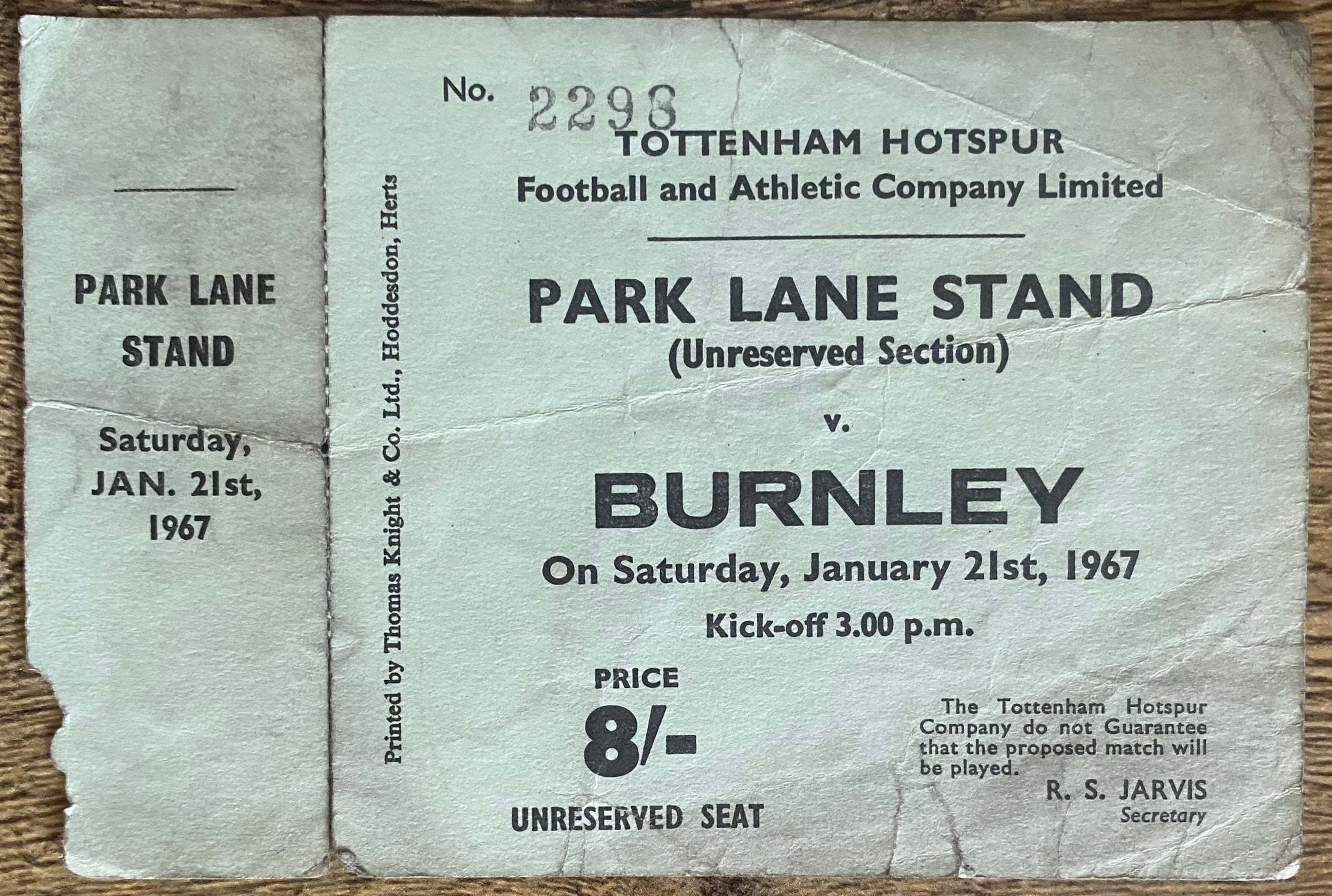 1966/67 ORIGINAL DIVISION ONE UNUSED TICKET TOTTENHAM HOTSPUR V BURNLEY