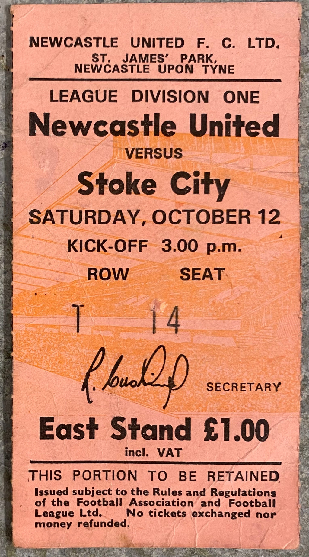 1974/75 ORIGINAL DIVISION 1 TICKET NEWCASTLE UNITED V STOKE CITY