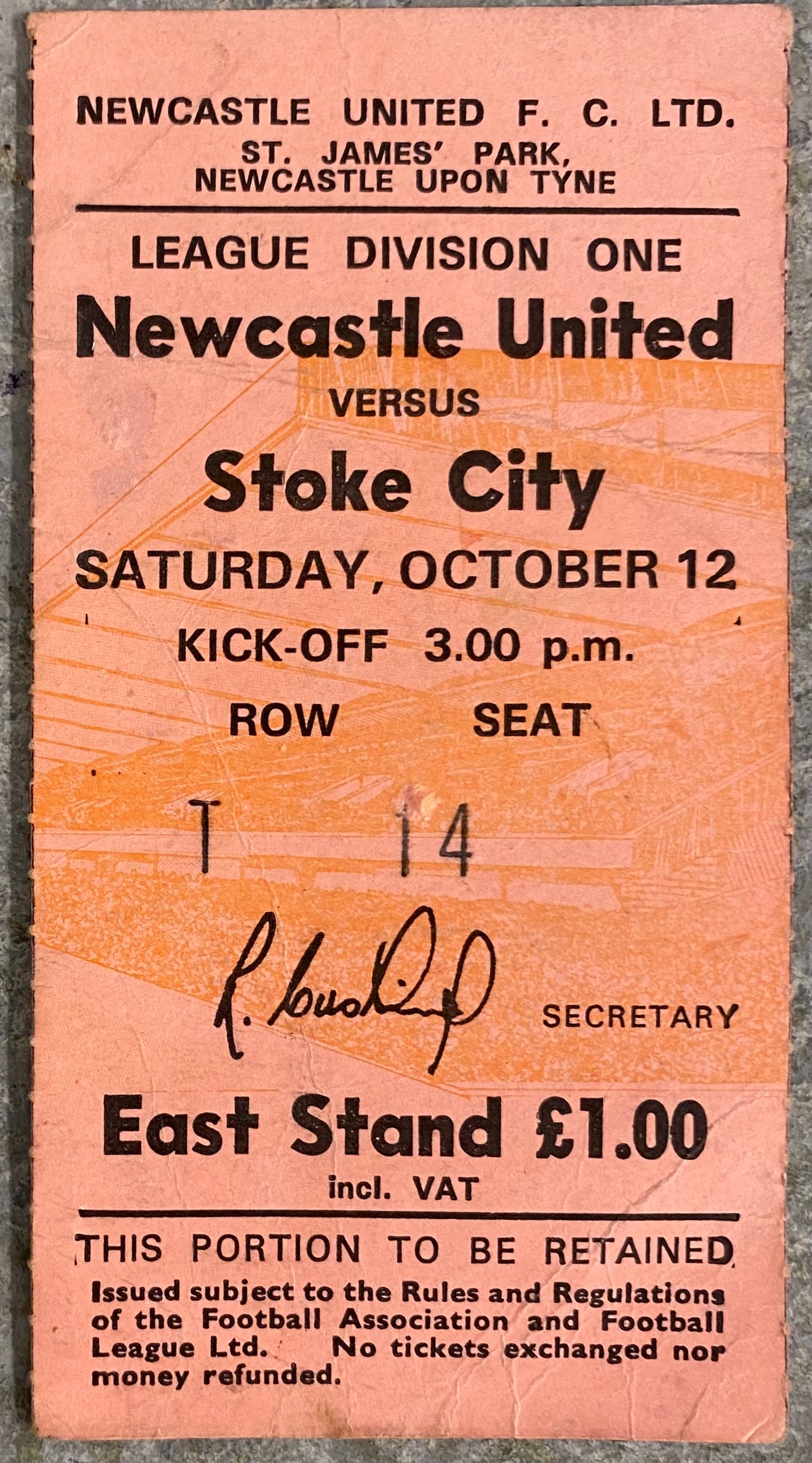 1974/75 ORIGINAL DIVISION 1 TICKET NEWCASTLE UNITED V STOKE CITY