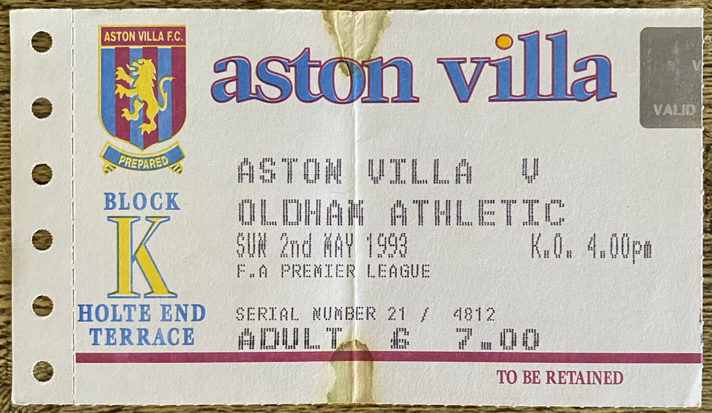 1992/93 ORIGINAL PREMIER LEAGUE TICKET ASTON VILLA V OLDHAM ATHLETIC
