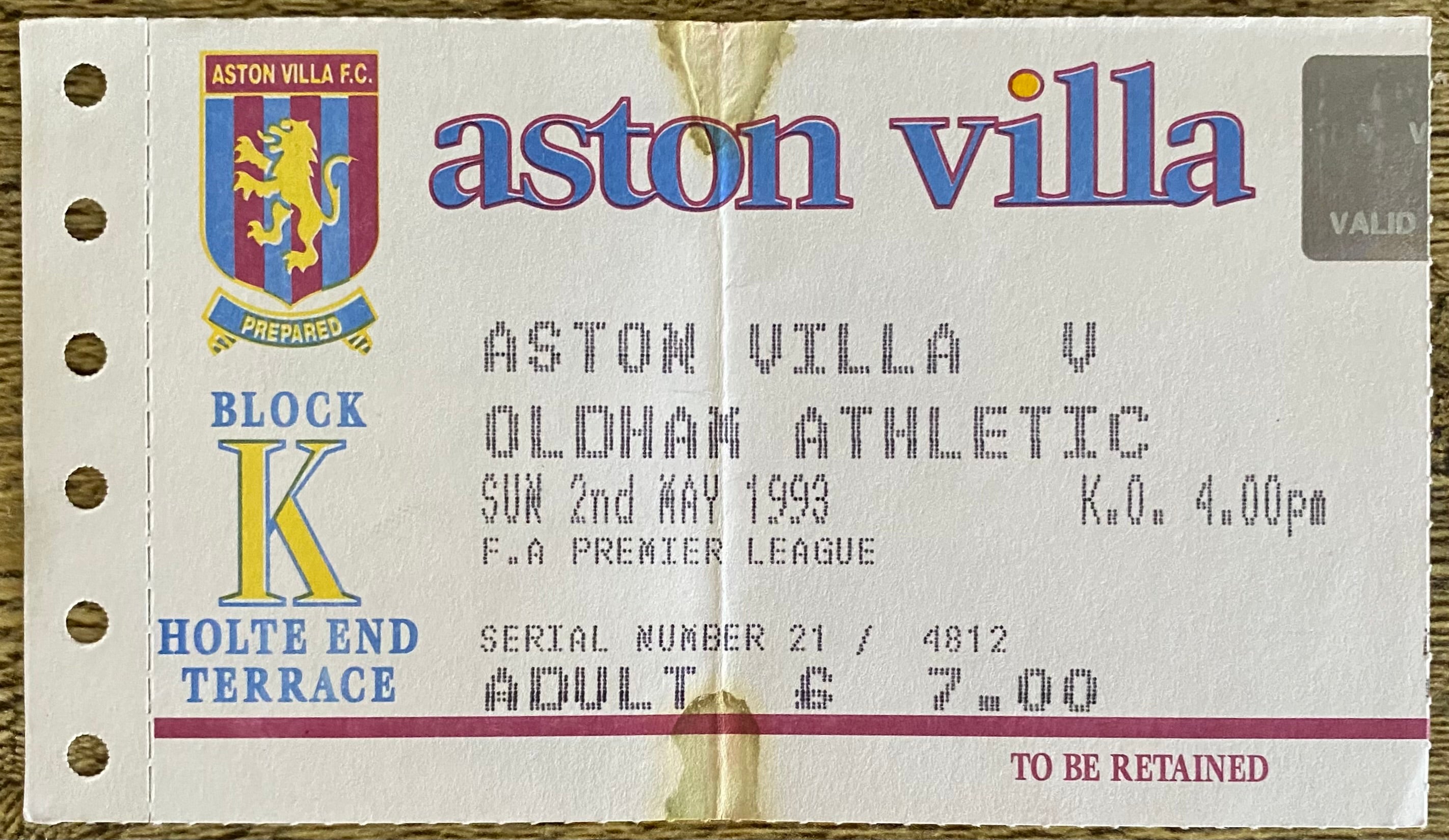 1992/93 ORIGINAL PREMIER LEAGUE TICKET ASTON VILLA V OLDHAM ATHLETIC
