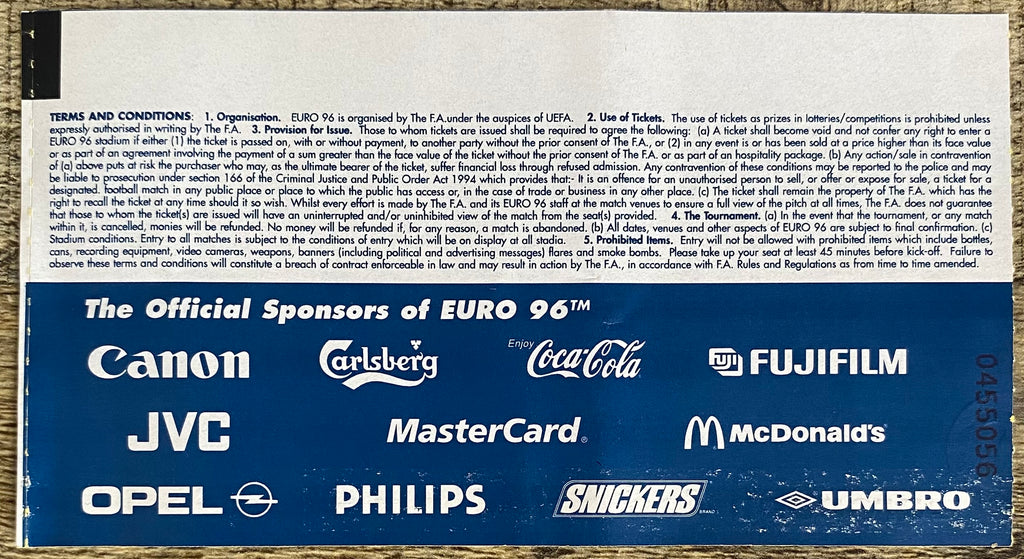 1996 ORIGINAL EUROPEAN CHAMPIONSHIPS EURO 96 SEMI FINAL TICKET ENGLAND V GERMANY @ WEMBLEY