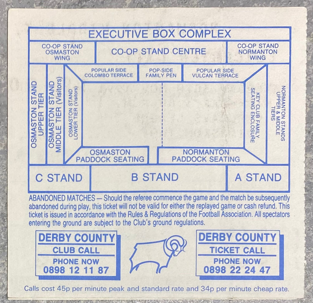 1991/92 ORIGINAL DIVISION TWO TICKET DERBY COUNTY V LEICESTER CITY