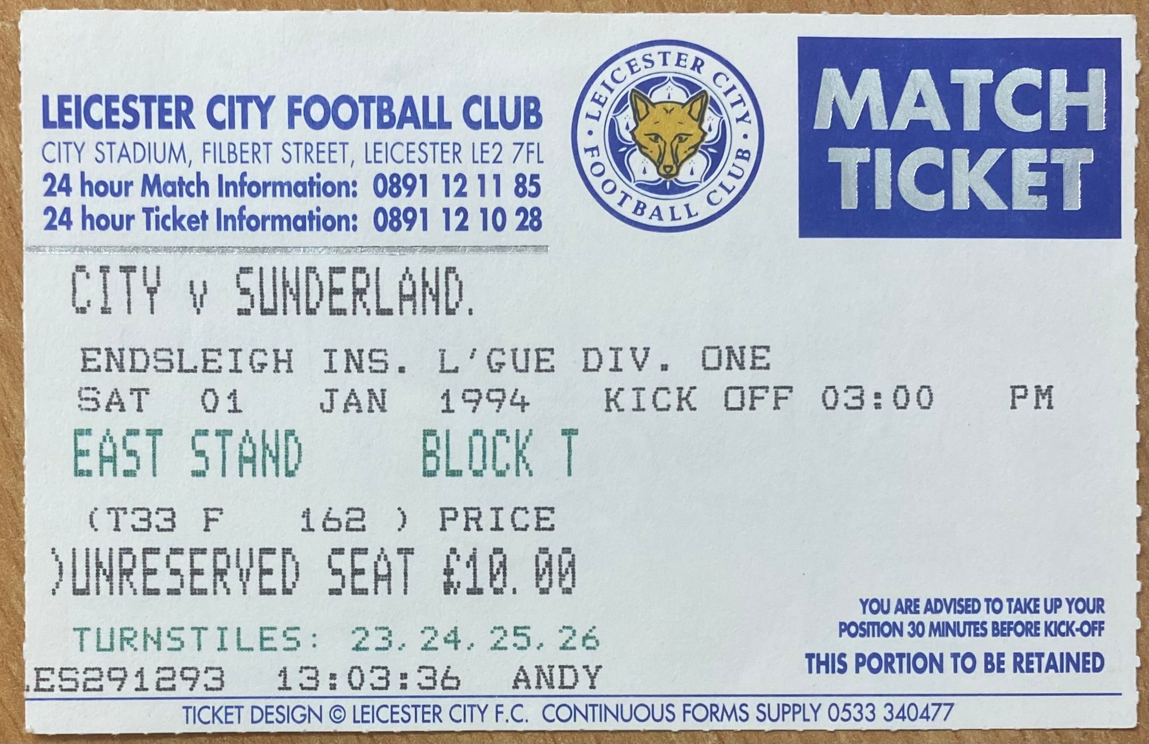 1993/94 ORIGINAL DIVISION 1 TICKET LEICESTER CITY V SUNDERLAND