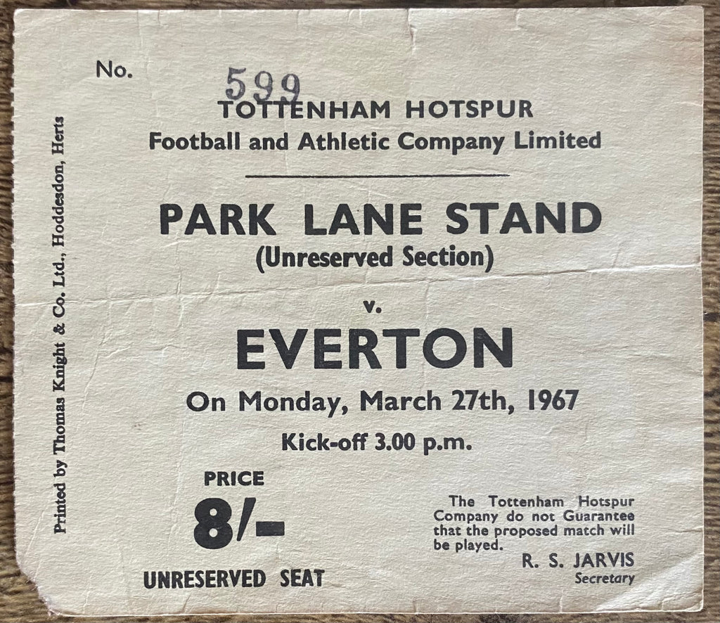 1966/67 ORIGINAL DIVISION ONE TICKET TOTTENHAM HOTSPUR V EVERTON