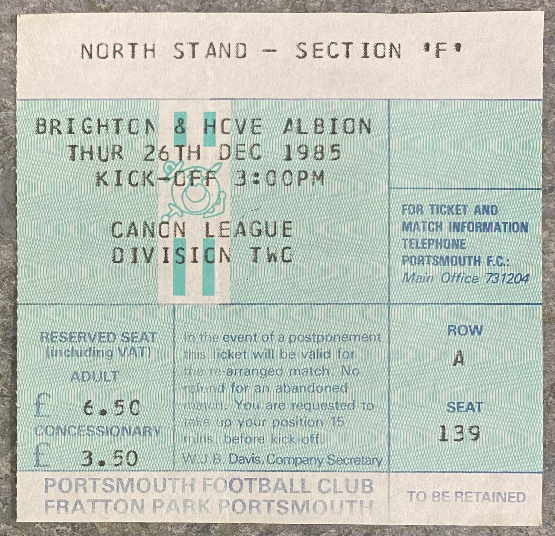 1985/86 ORIGINAL DIVISION 2 TICKET PORTSMOUTH V BRIGHTON AND HOVE ALBION