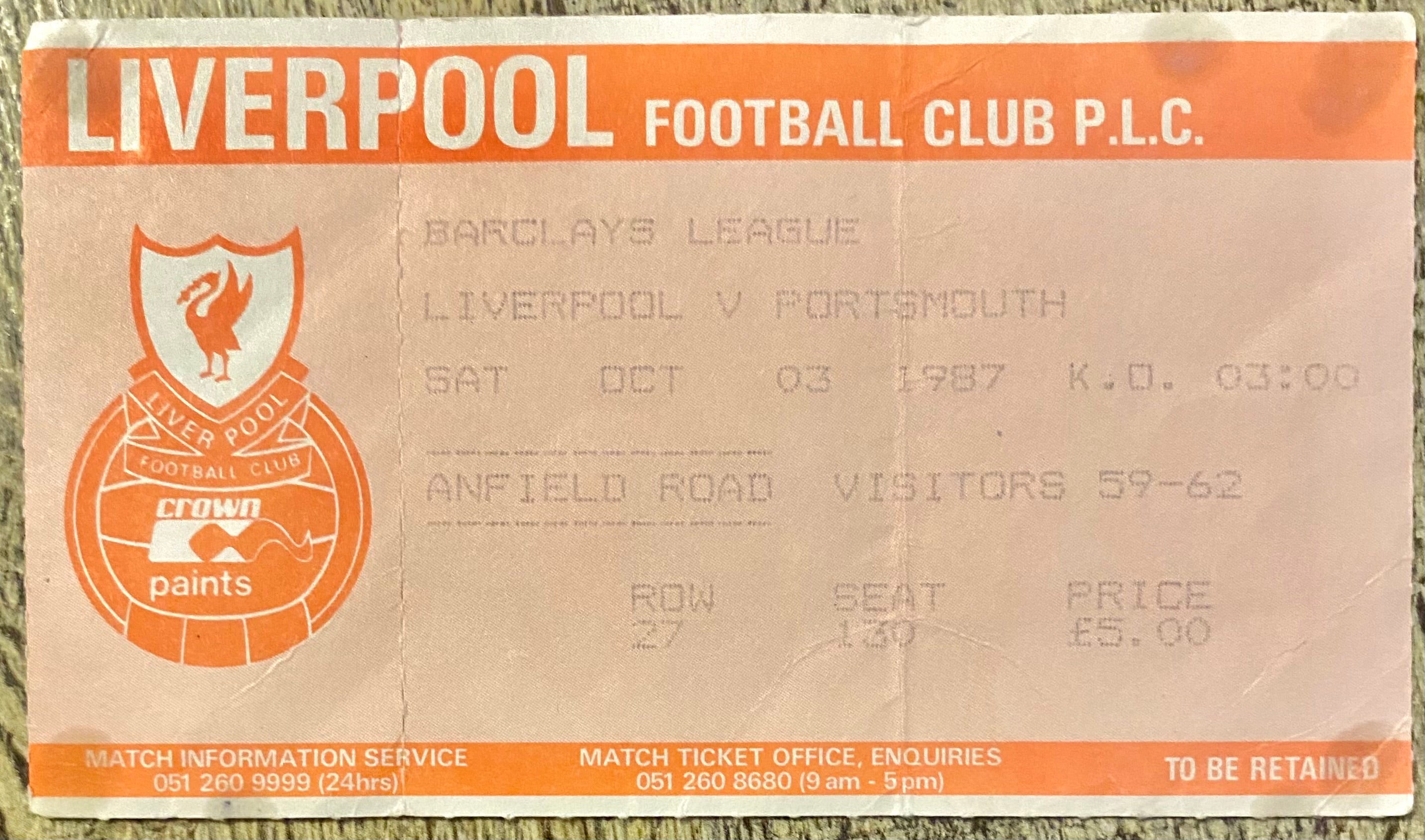 1987/88 ORIGINAL DIVISION ONE TICKET LIVERPOOL V PORTSMOUTH
