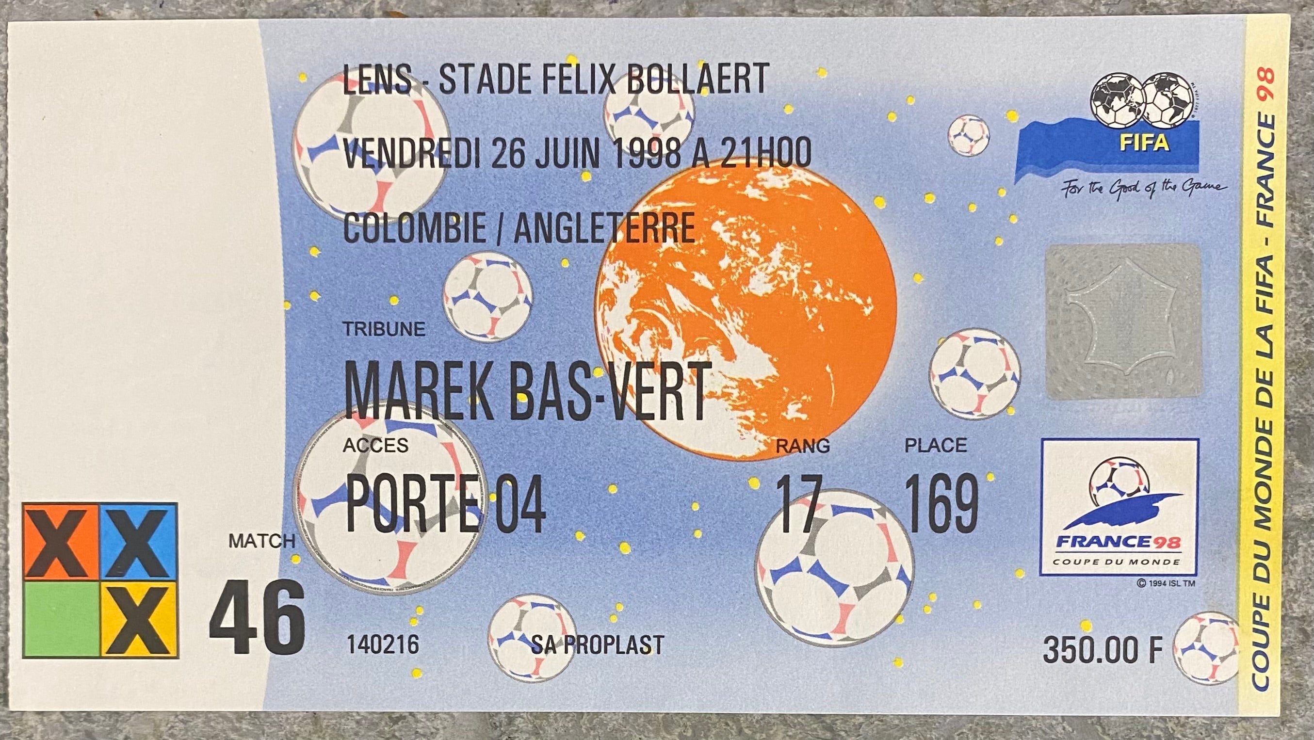 1998 ORIGINAL WORLD CUP 1ST ROUND TICKET ENGLAND V COLOMBIA @ LENS