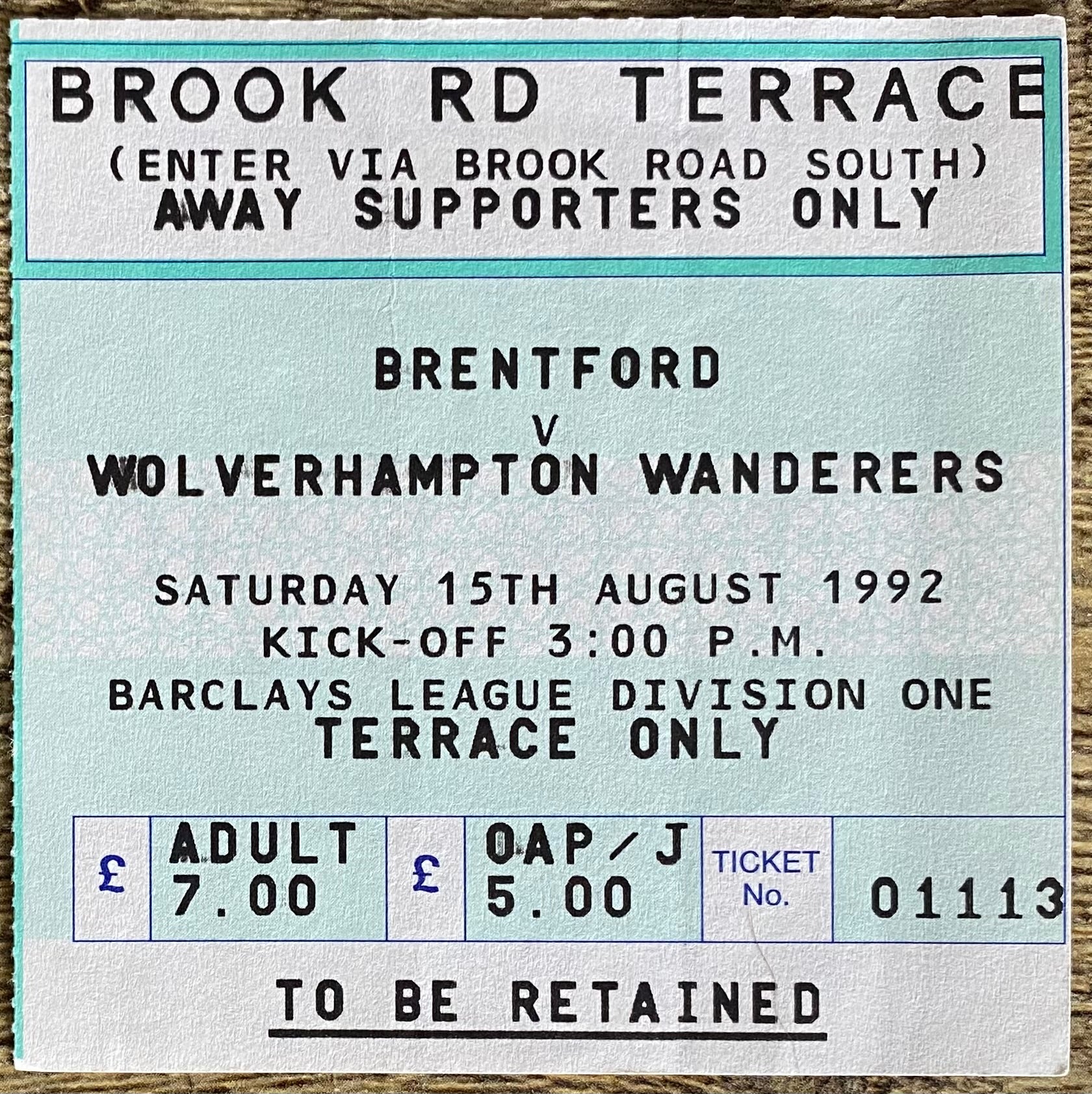 1992/93 ORIGINAL DIVISION 1 TICKET BRENTFORD V WOLVERERHAMPTON WANDERERS