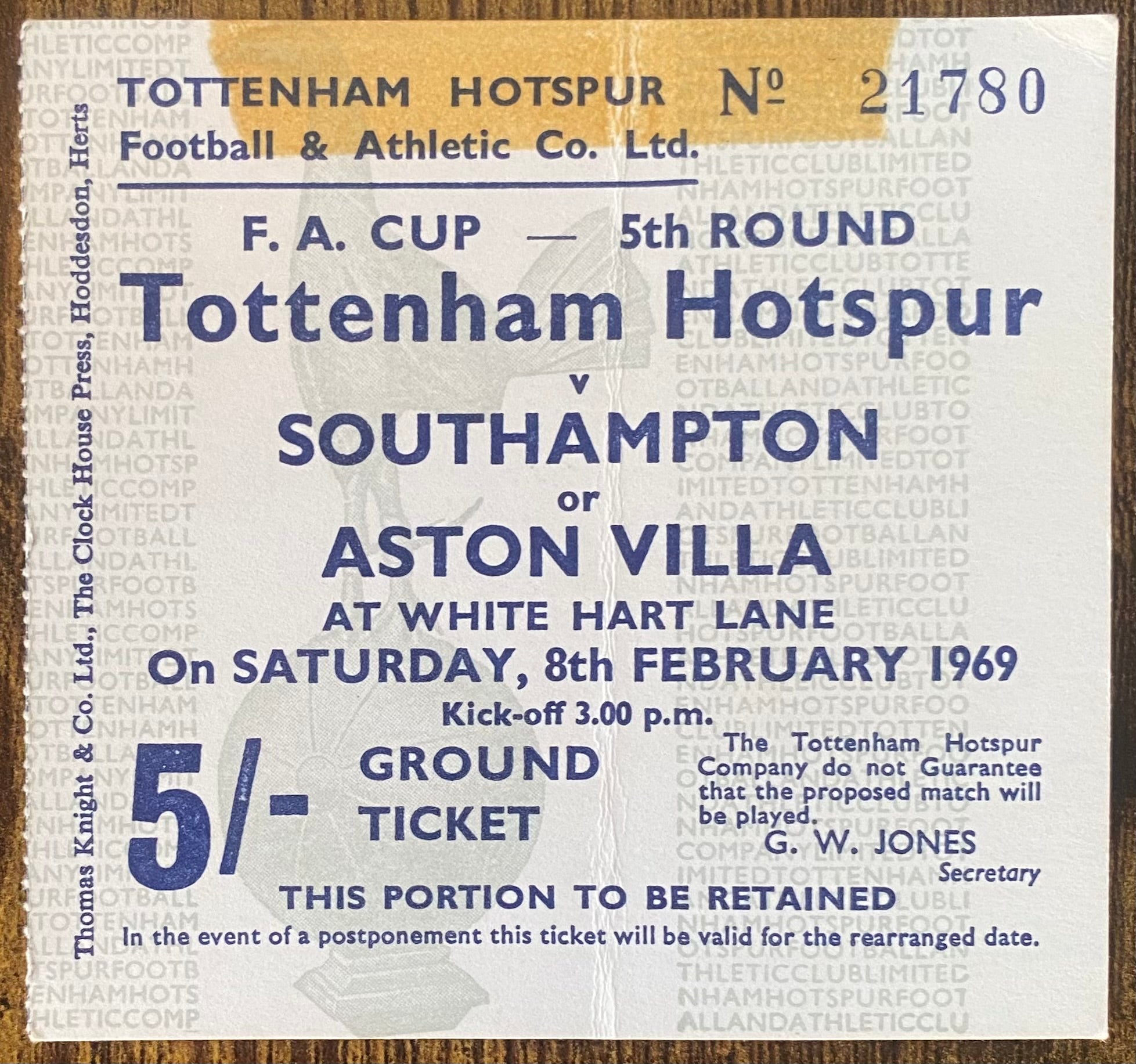 1968/69 ORIGINAL FA CUP 5TH ROUND TICKET TOTTENHAM HOTSPUR V ASTON VILLA