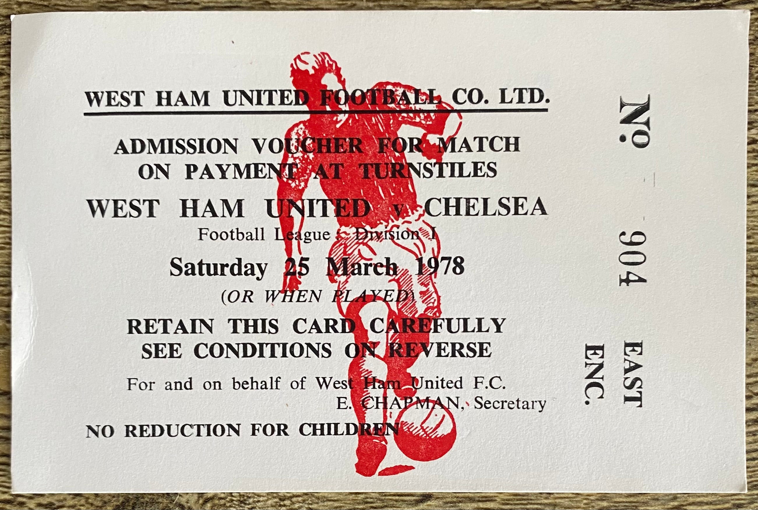 1977/78 ORIGINAL DIVISION ONE ADMISSION VOUCHER FOR WEST HAM UNITED V CHELSEA