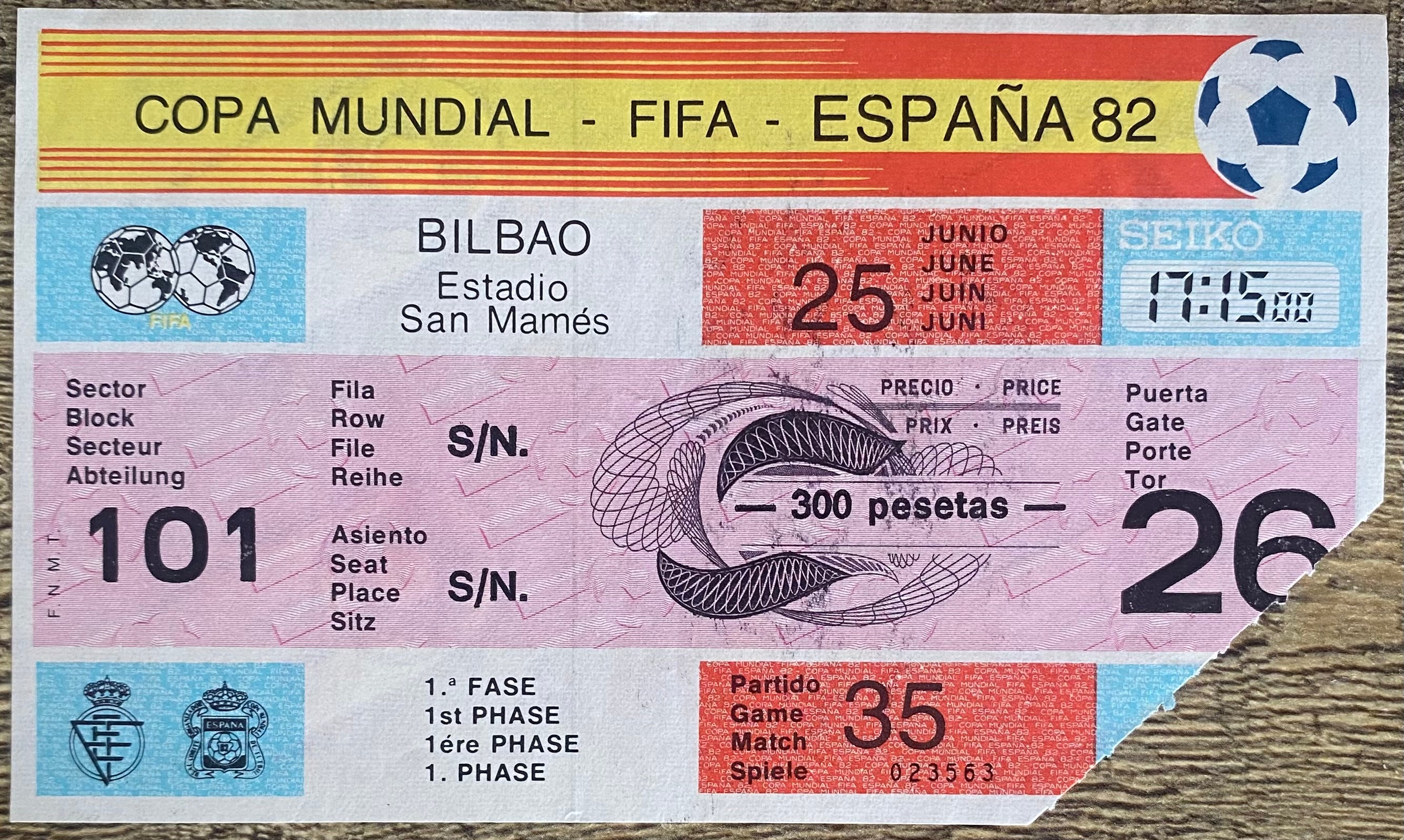 1982 ORIGINAL WORLD CUP 1ST ROUND TICKET ENGLAND V KUWAIT @ BILBAO