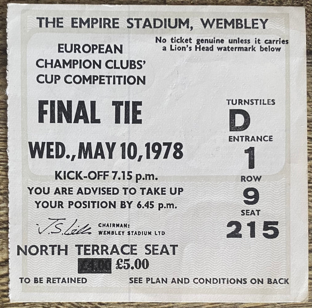 1978 ORIGINAL EUROPEAN CUP FINAL TICKET LIVERPOOL V FC BRUGES @ WEMBLEY