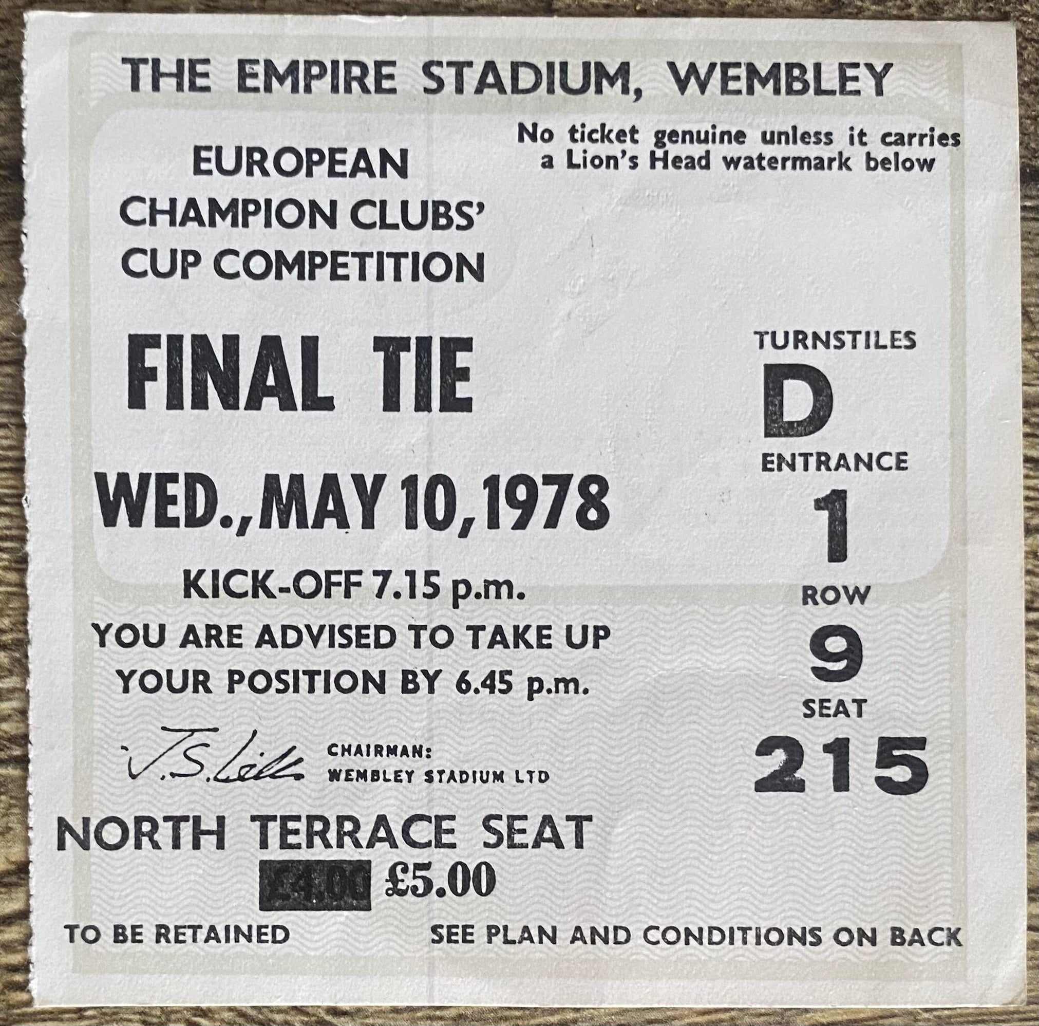 1978 ORIGINAL EUROPEAN CUP FINAL TICKET LIVERPOOL V FC BRUGES @ WEMBLEY