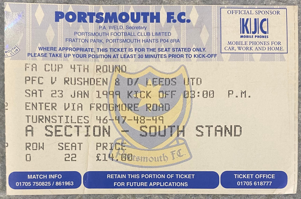 1998/99 ORIGINAL FA CUP 4TH ROUND TICKET PORTSMOUTH V LEEDS UNITED