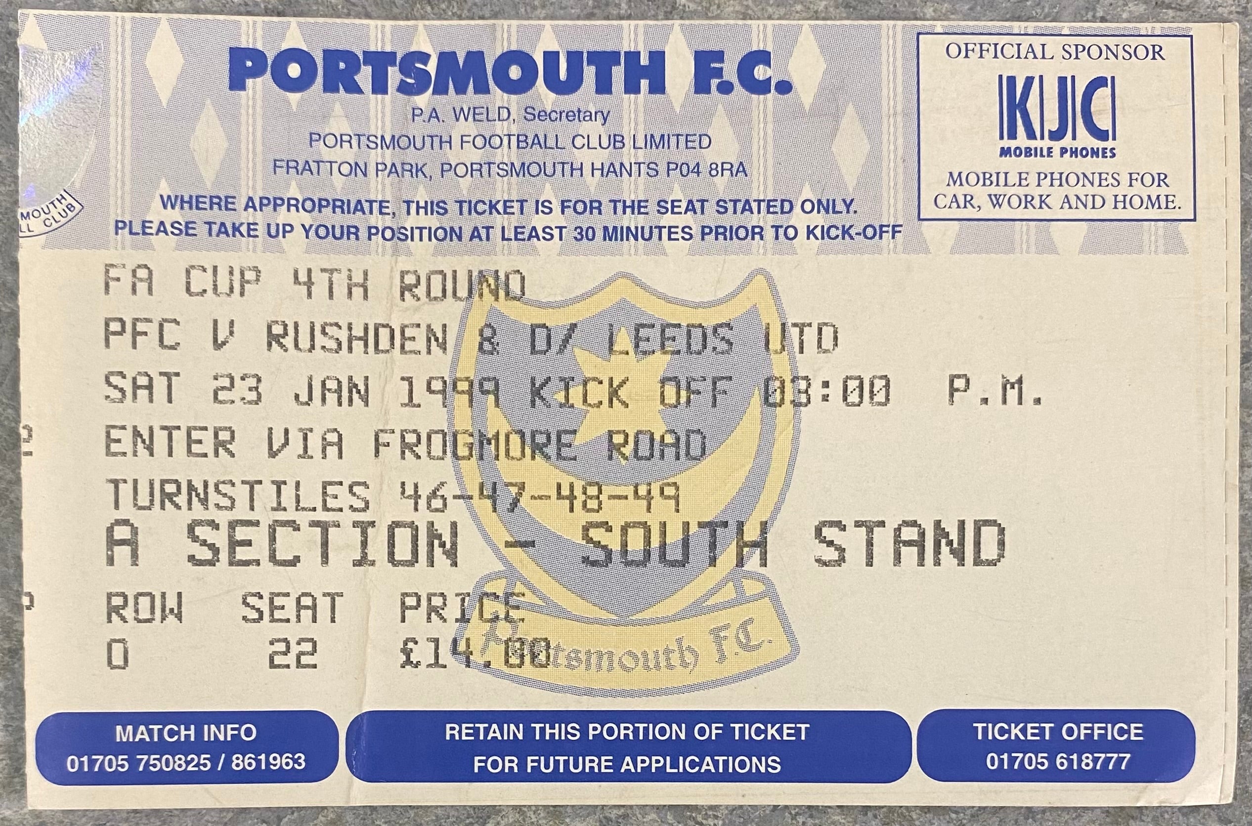 1998/99 ORIGINAL FA CUP 4TH ROUND TICKET PORTSMOUTH V LEEDS UNITED