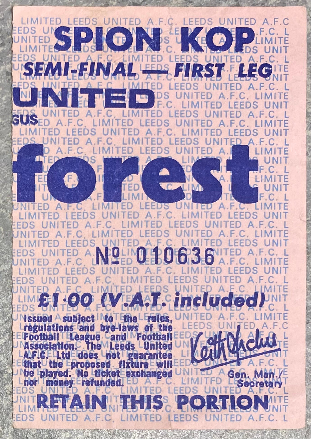 1977/78 ORIGINAL LEAGUE CUP SEMI FINAL TICKET LEEDS UNITED V NOTTINGHAM FOREST
