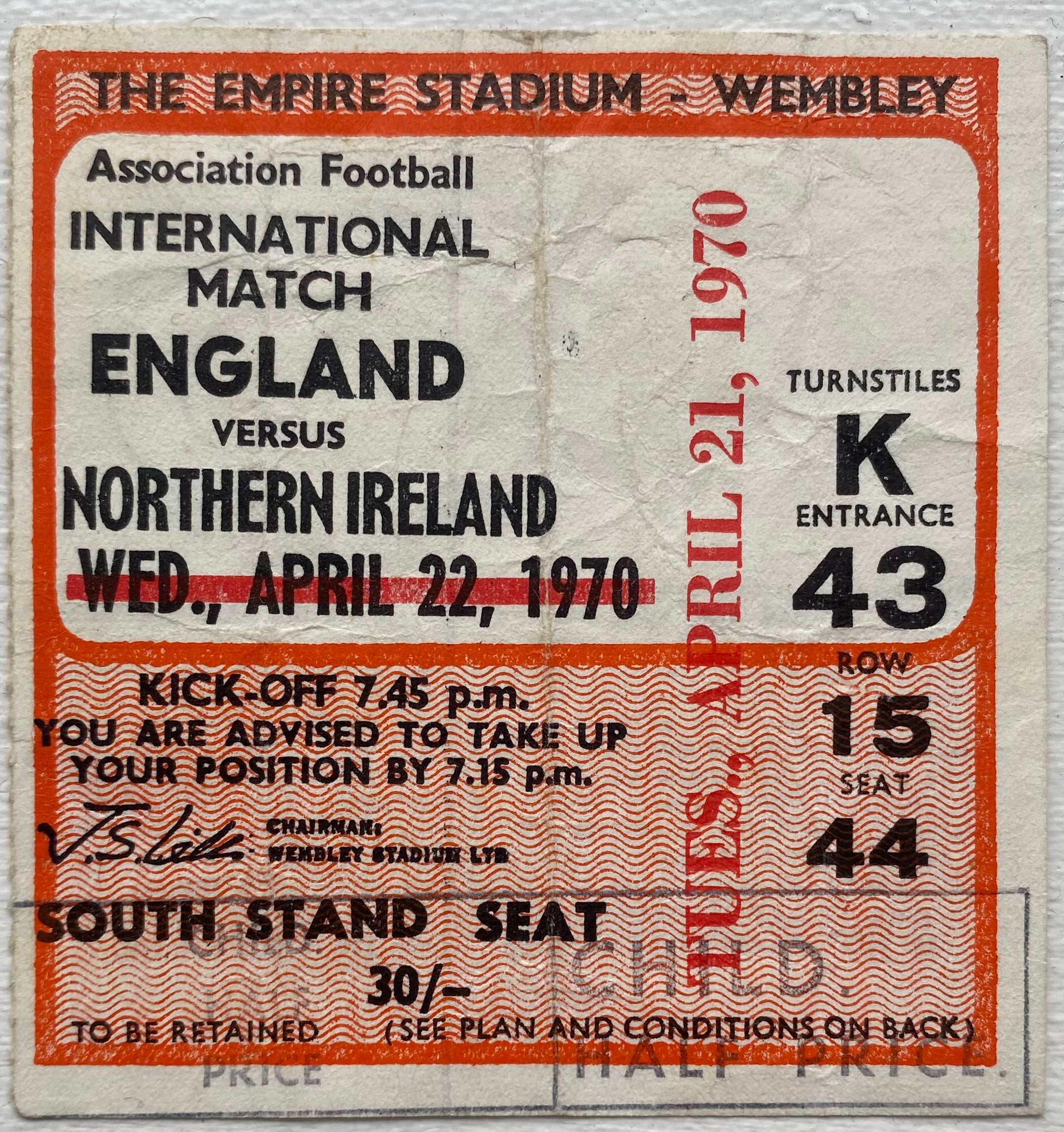 1970 ORIGINAL BRITISH HOME INTERNATIONAL CHAMPIONSHIPS TICKET ENGLAND V NORTHERN IRELAND