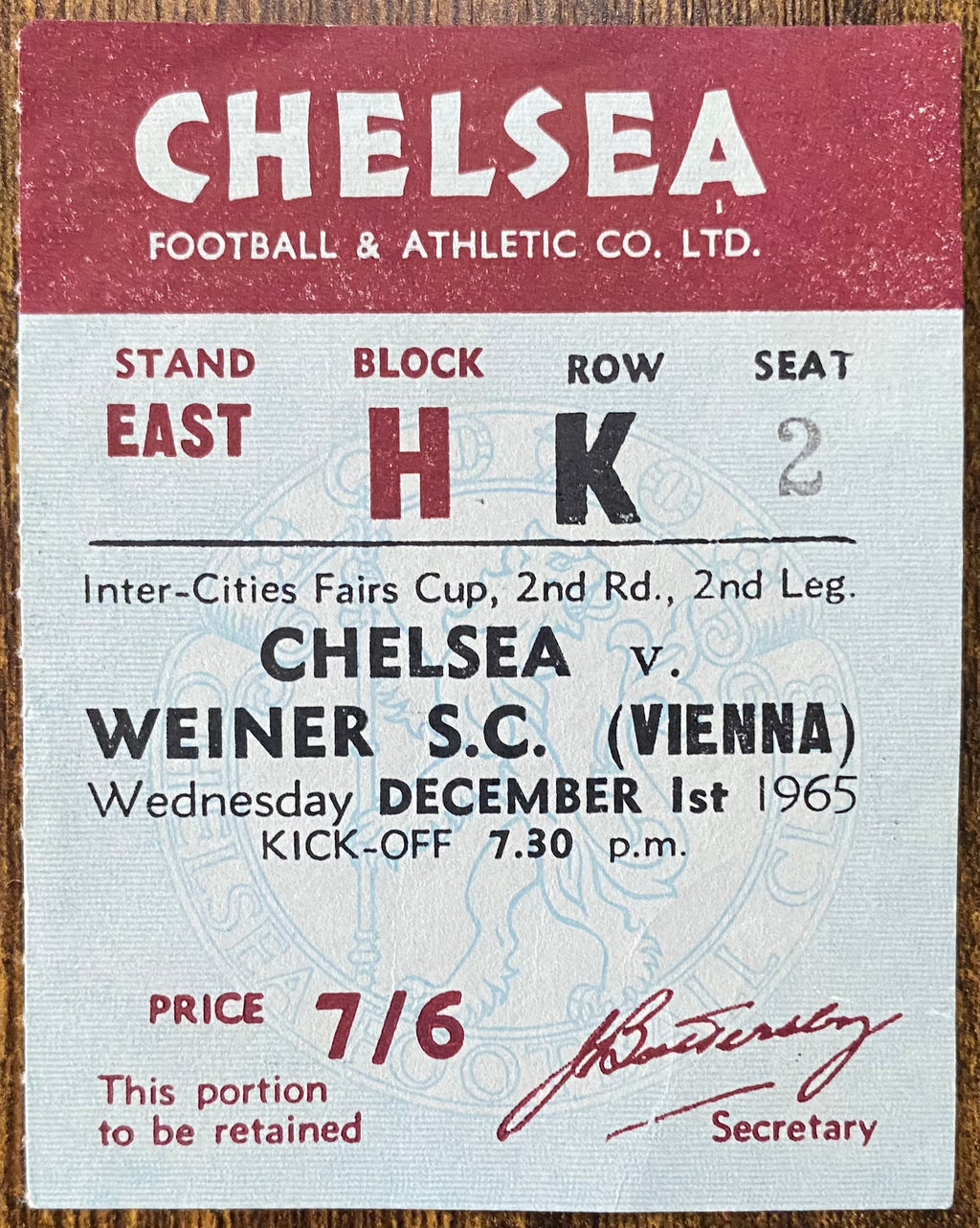 1965/66 ORIGINAL INTER CITIES FAIR CUP 2ND ROUND 2ND LEG TICKET CHELSEA V WEINER SC (VIENNA)