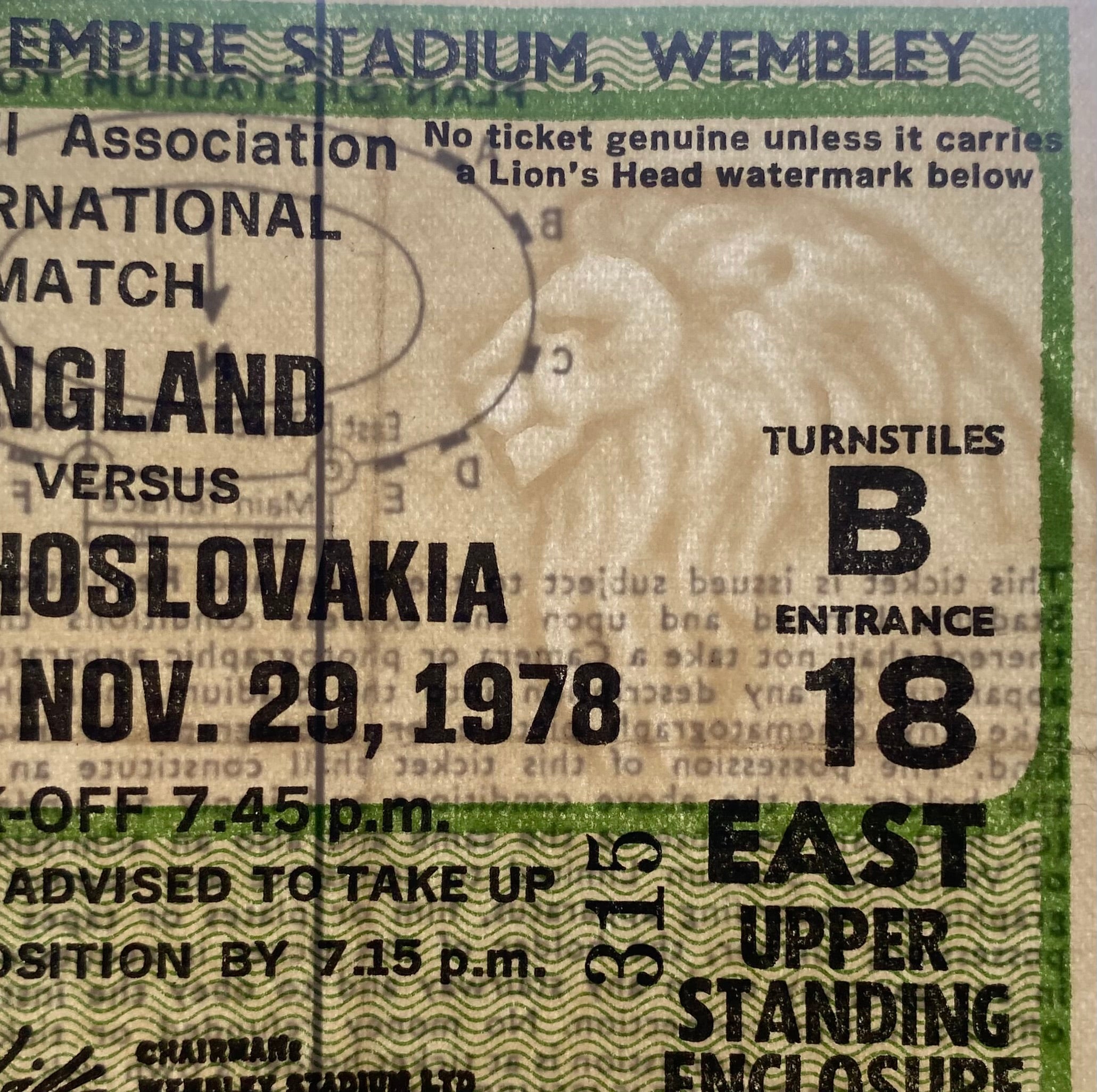 1978 ORIGINAL INTERNATIONAL TICKET ENGLAND V CZECHOSLOVAKIA