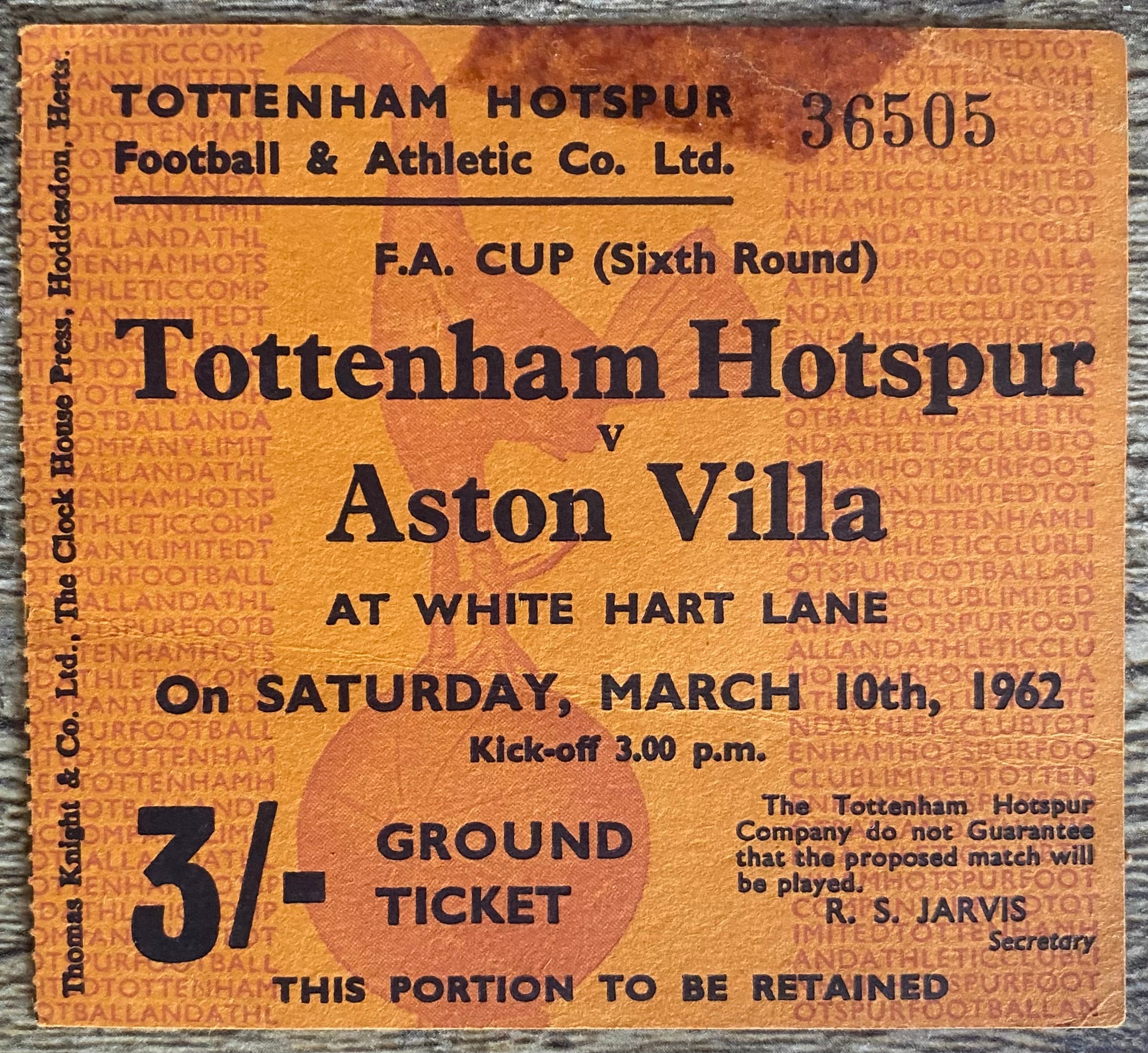 1961/62 ORIGINAL FA CUP 6TH ROUND TICKET TOTTENHAM HOTSPUR V ASTON VILLA