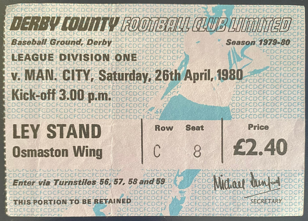 1979/80 ORIGINAL DIVISION 1 TICKET DERBY COUNTY V MANCHESTER CITY