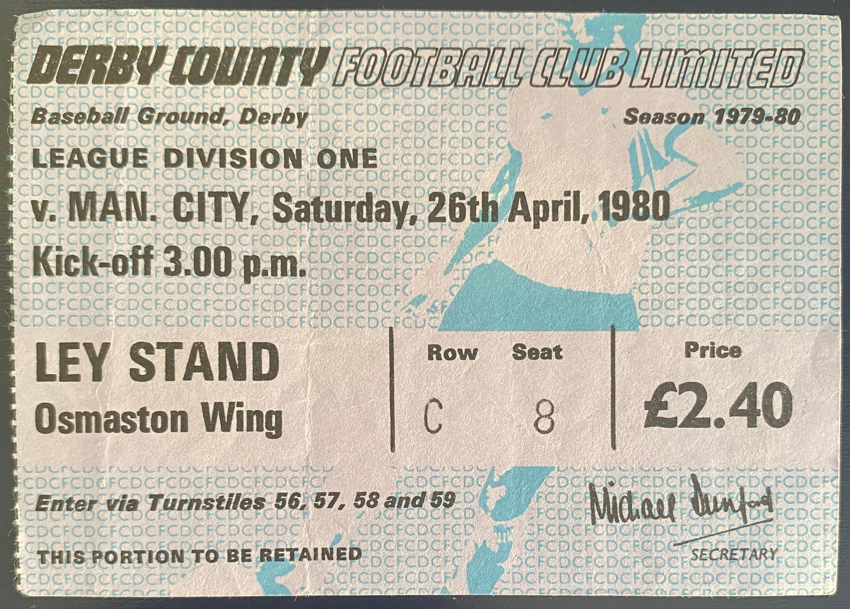 1979/80 ORIGINAL DIVISION 1 TICKET DERBY COUNTY V MANCHESTER CITY